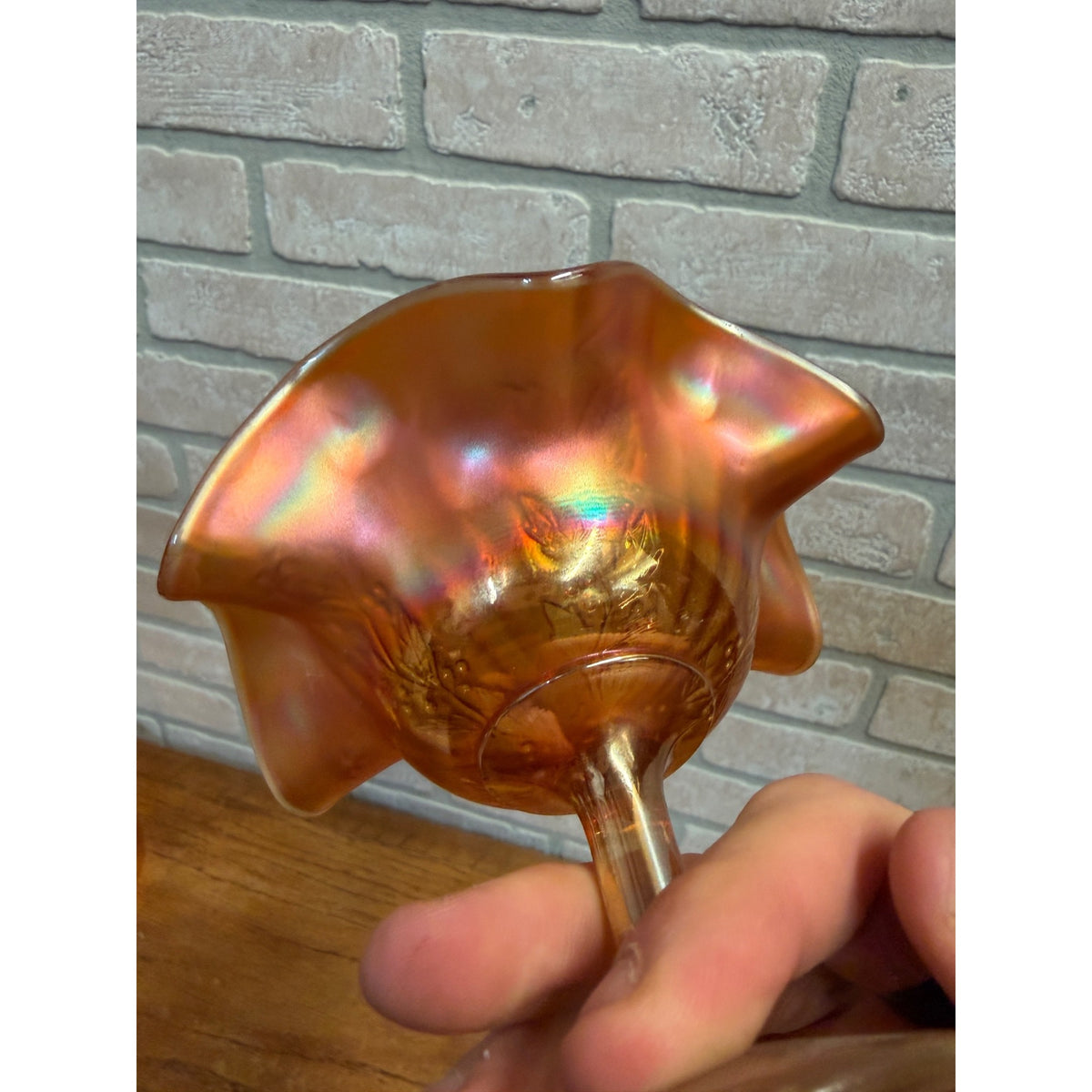 VTG Fenton Carnival Glass Compote Marigold Holly & Berry 4"H Iridescent Footed