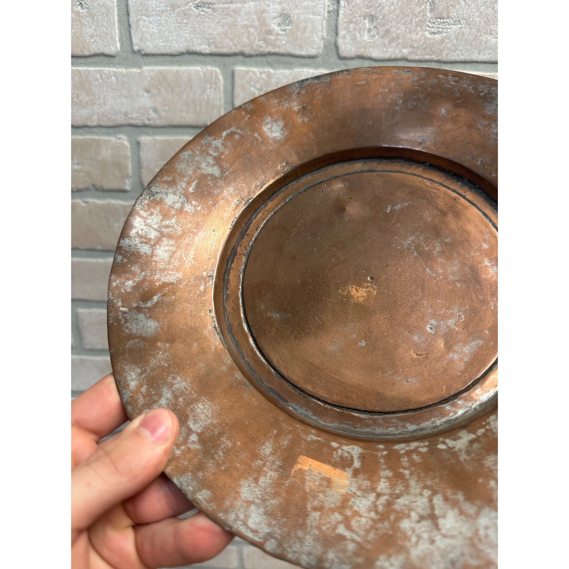 Vintage Arts and Crafts Era Hammered Copper Charger Hanging Plate Wall Decor