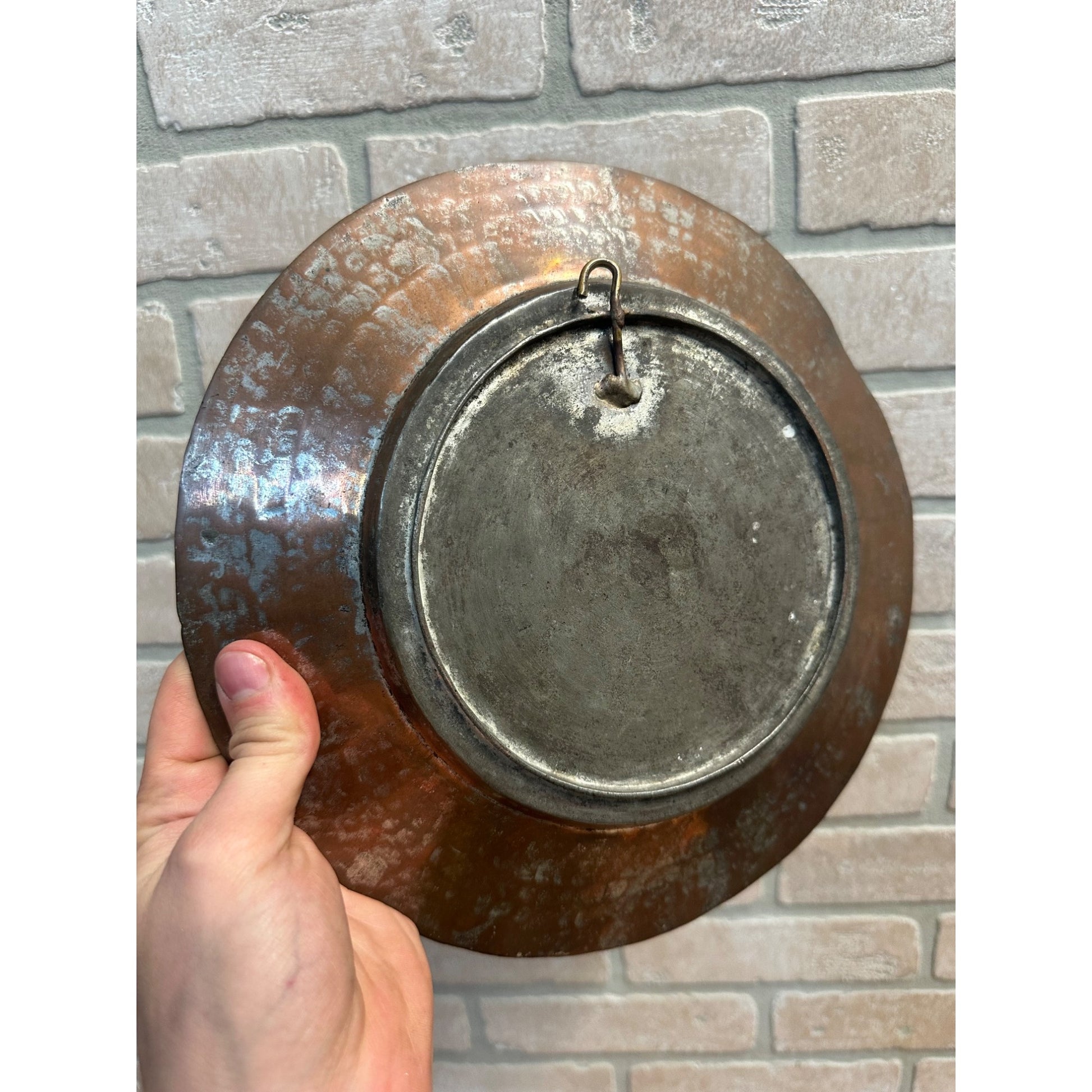 Vintage Arts and Crafts Era Hammered Copper Charger Hanging Plate Wall Decor