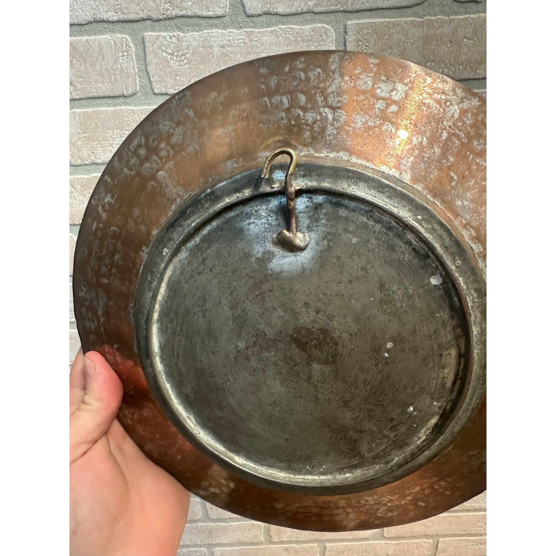 Vintage Arts and Crafts Era Hammered Copper Charger Hanging Plate Wall Decor