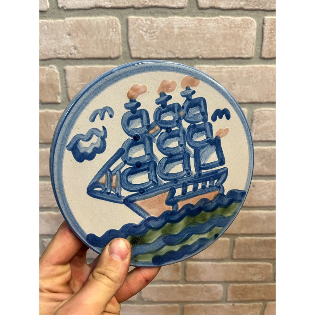 M A Hadley Trivet Wall Plaque Clipper Ship Signed Pottery 6.5"" Round Retired