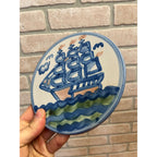 M A Hadley Trivet Wall Plaque Clipper Ship Signed Pottery 6.5"" Round Retired