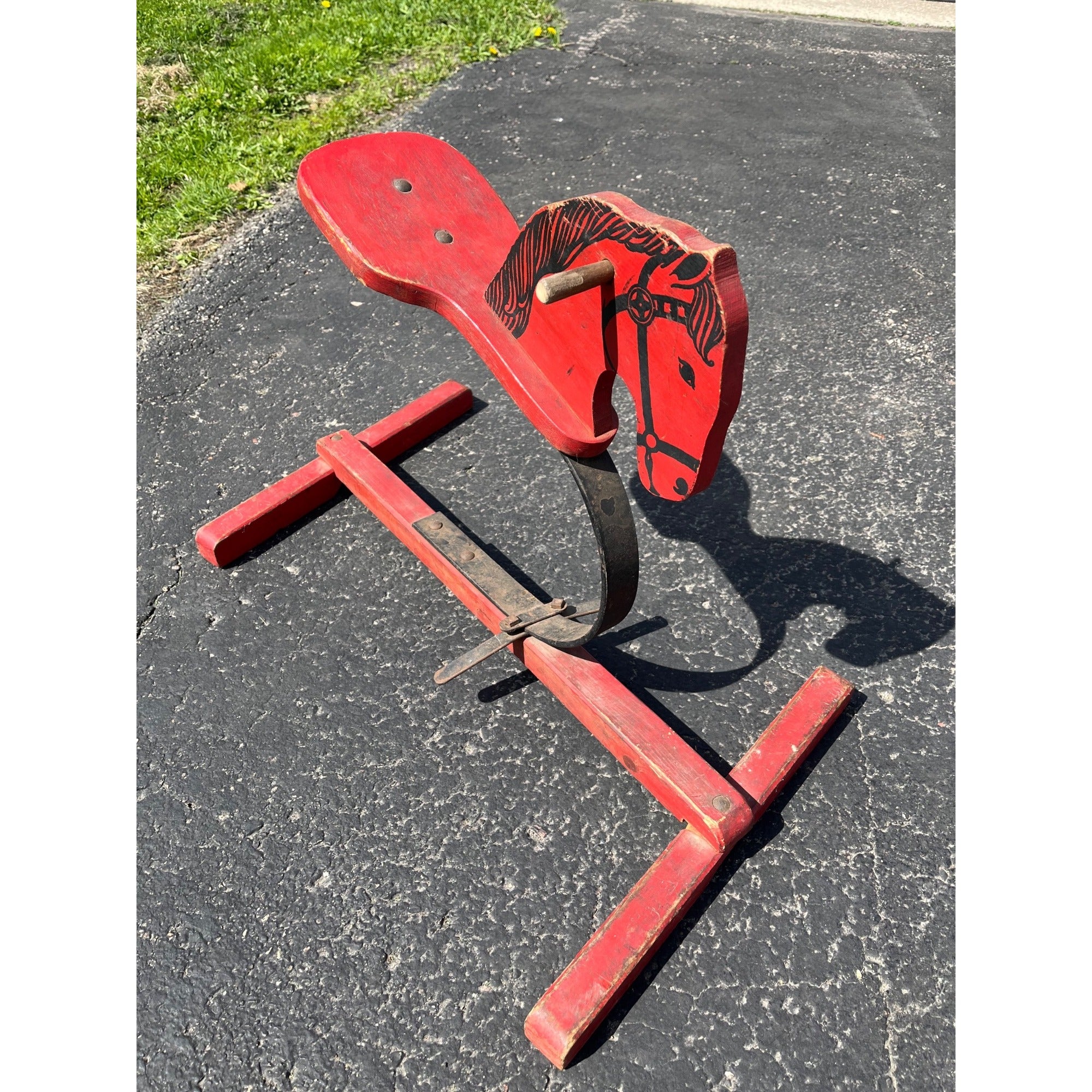 Vintage 1950s Wooden Red Rocking Horse Toy Decorative Painted Metal Frame Seat Rustic Style