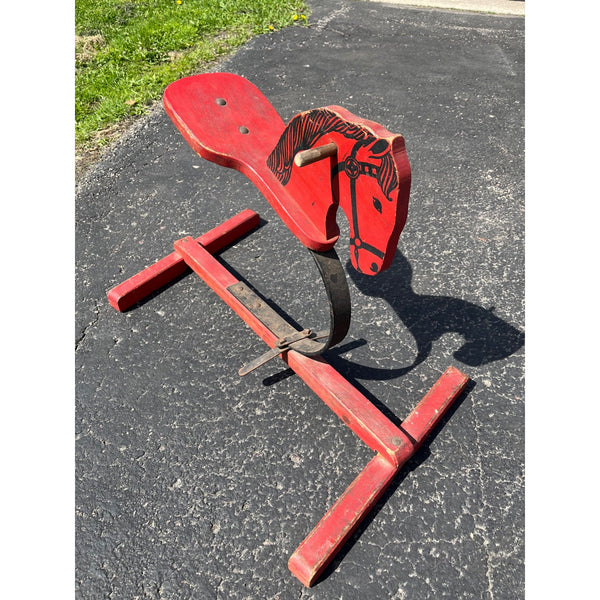 Vintage 1950s Wooden Red Rocking Horse Toy Decorative Painted Metal Frame Seat Rustic Style