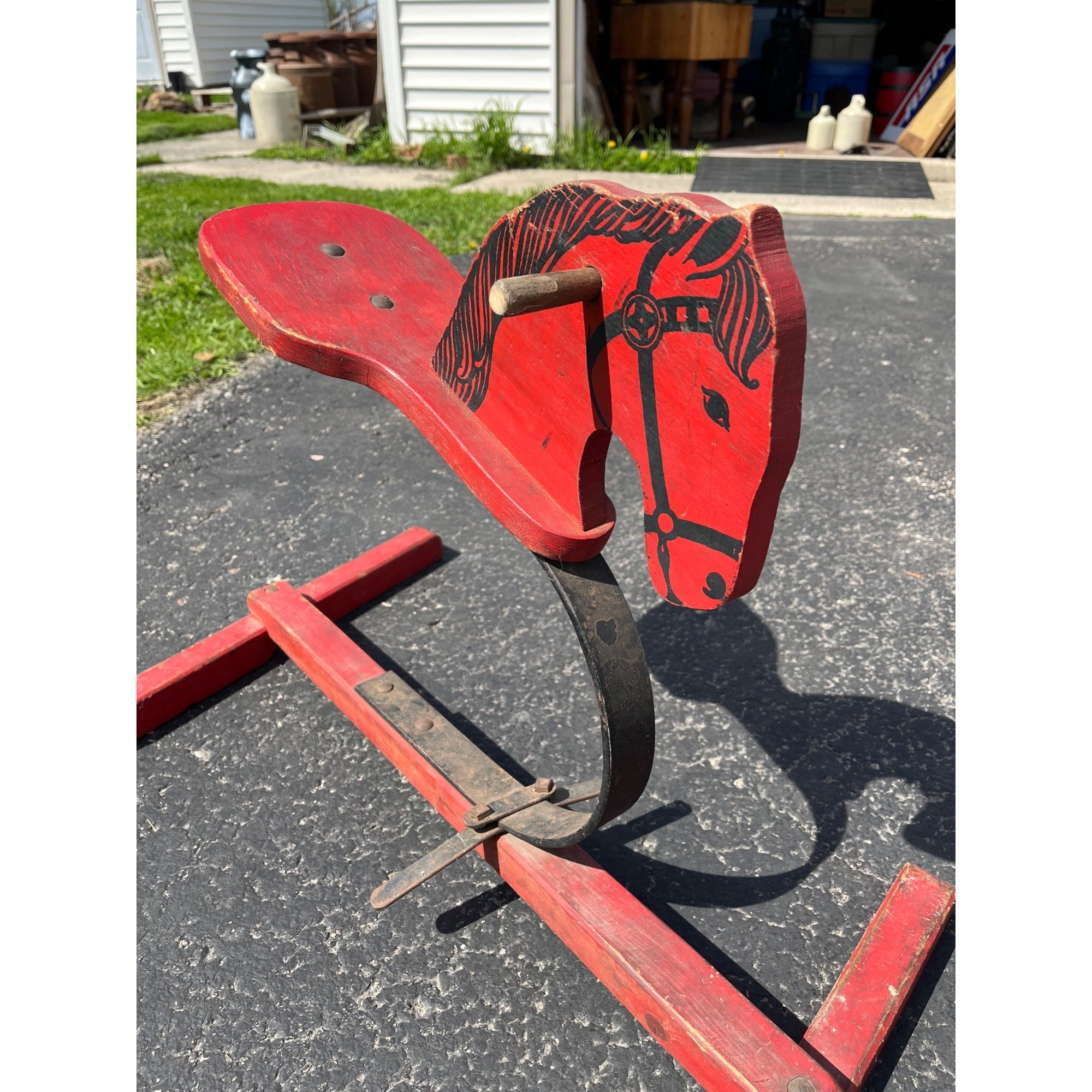 Vintage 1950s Wooden Red Rocking Horse Toy Decorative Painted Metal Frame Seat Rustic Style