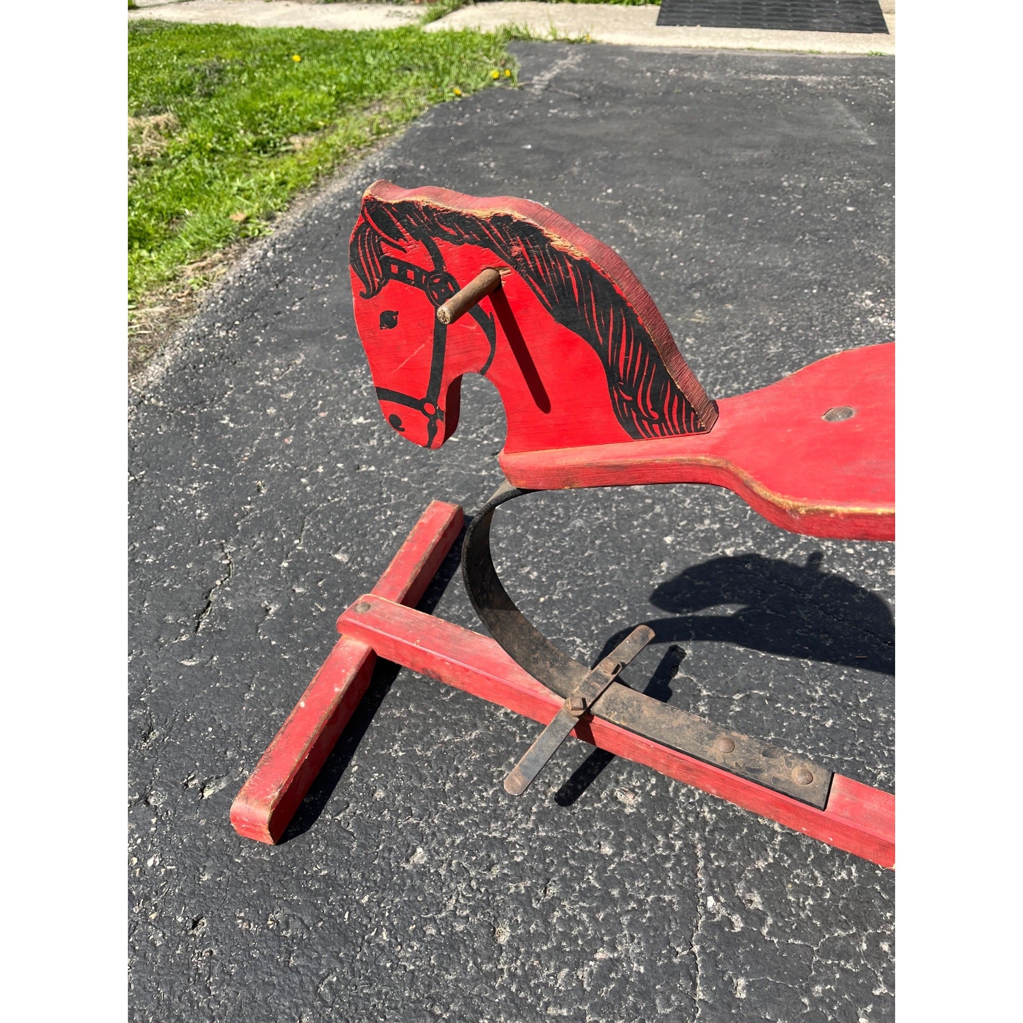 Vintage 1950s Wooden Red Rocking Horse Toy Decorative Painted Metal Frame Seat Rustic Style