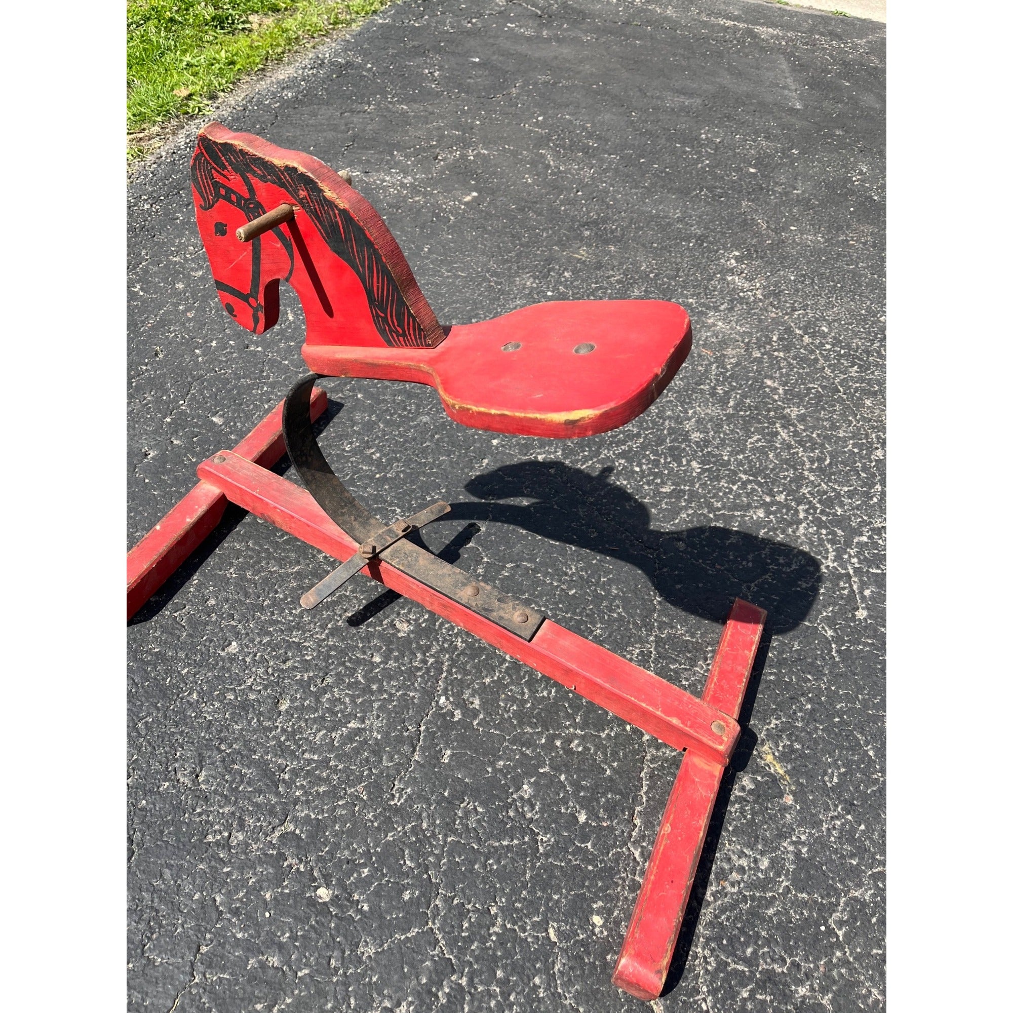 Vintage 1950s Wooden Red Rocking Horse Toy Decorative Painted Metal Frame Seat Rustic Style