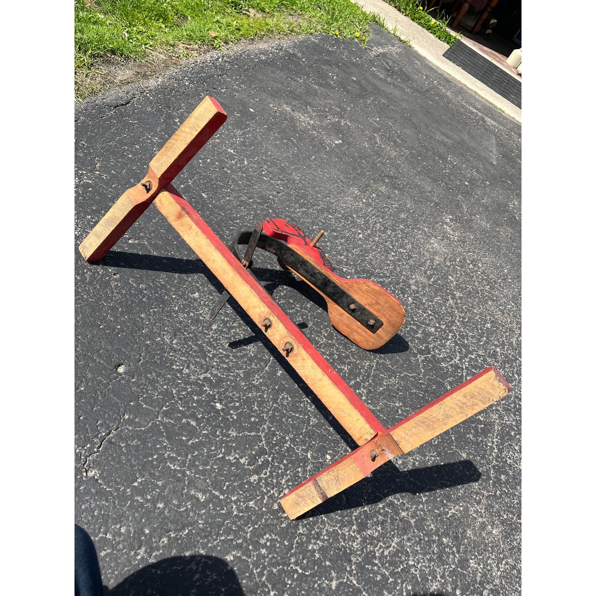 Vintage 1950s Wooden Red Rocking Horse Toy Decorative Painted Metal Frame Seat Rustic Style