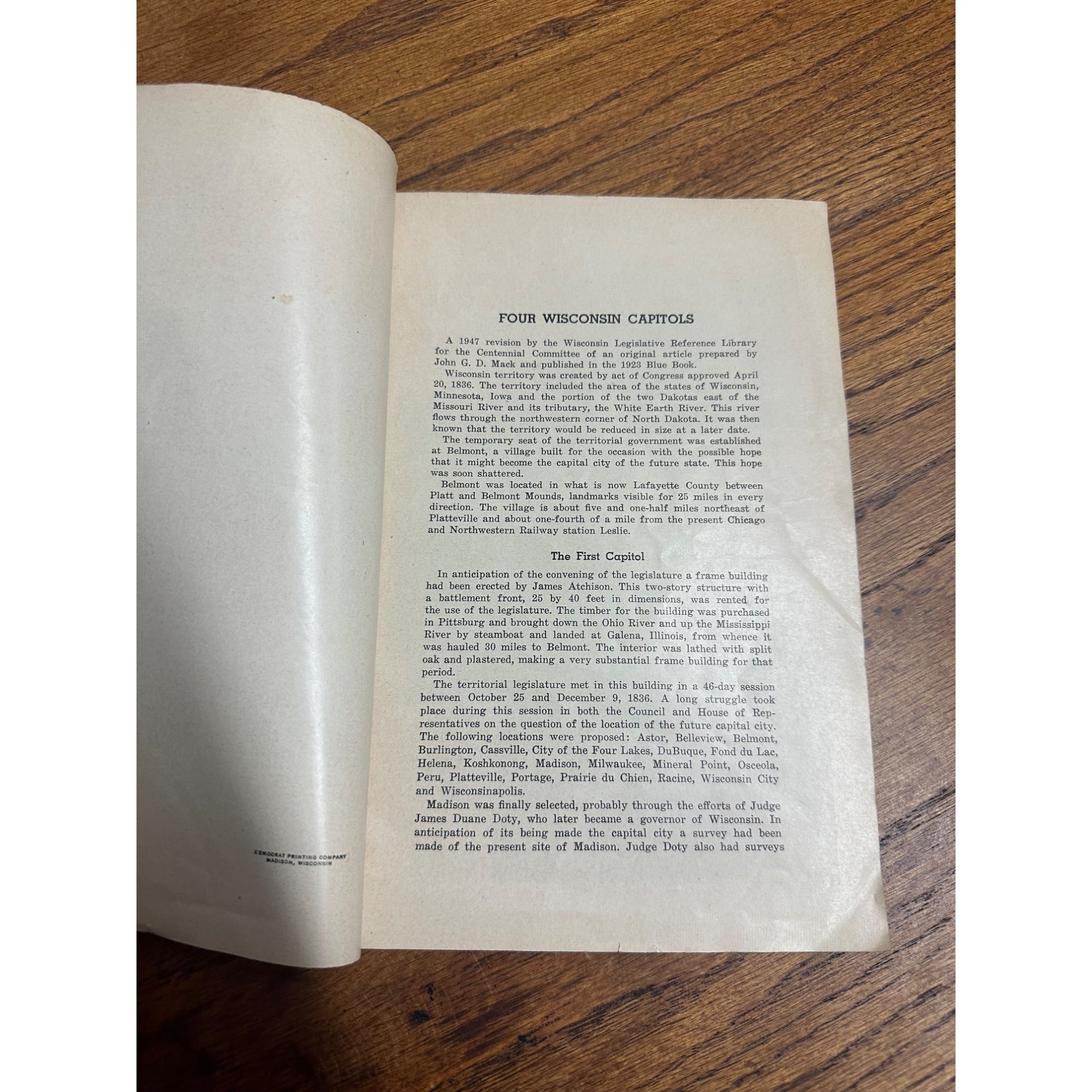 Vintage 1947 The Four Wisconsin Capitols History Bulletin Booklet John G.D. Mack