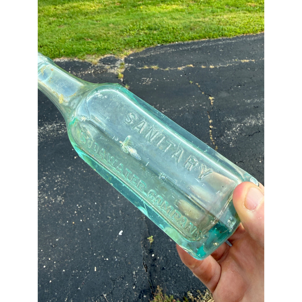 Vintage Sanitary Soda Water West Allis Wisconsin Octagon Bottle Aqua Blue Paneled
