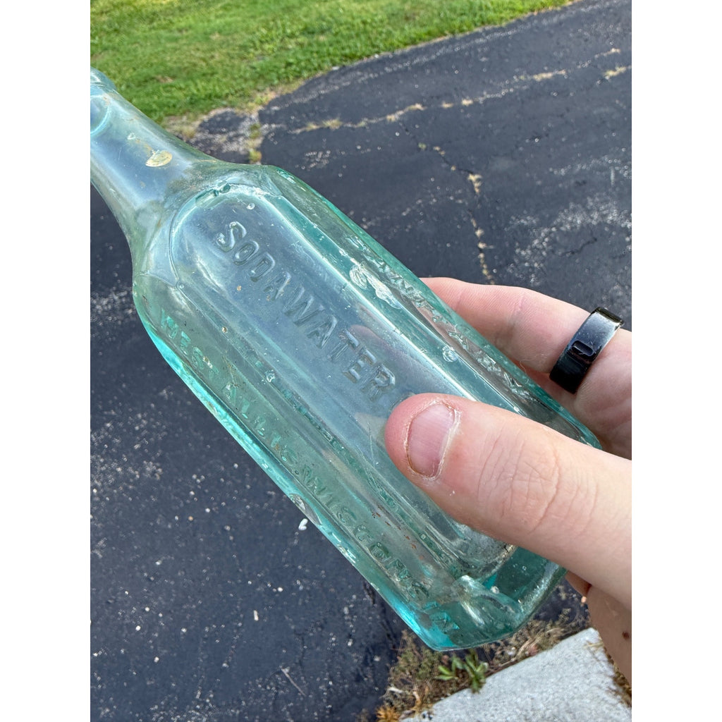 Vintage Sanitary Soda Water West Allis Wisconsin Octagon Bottle Aqua Blue Paneled