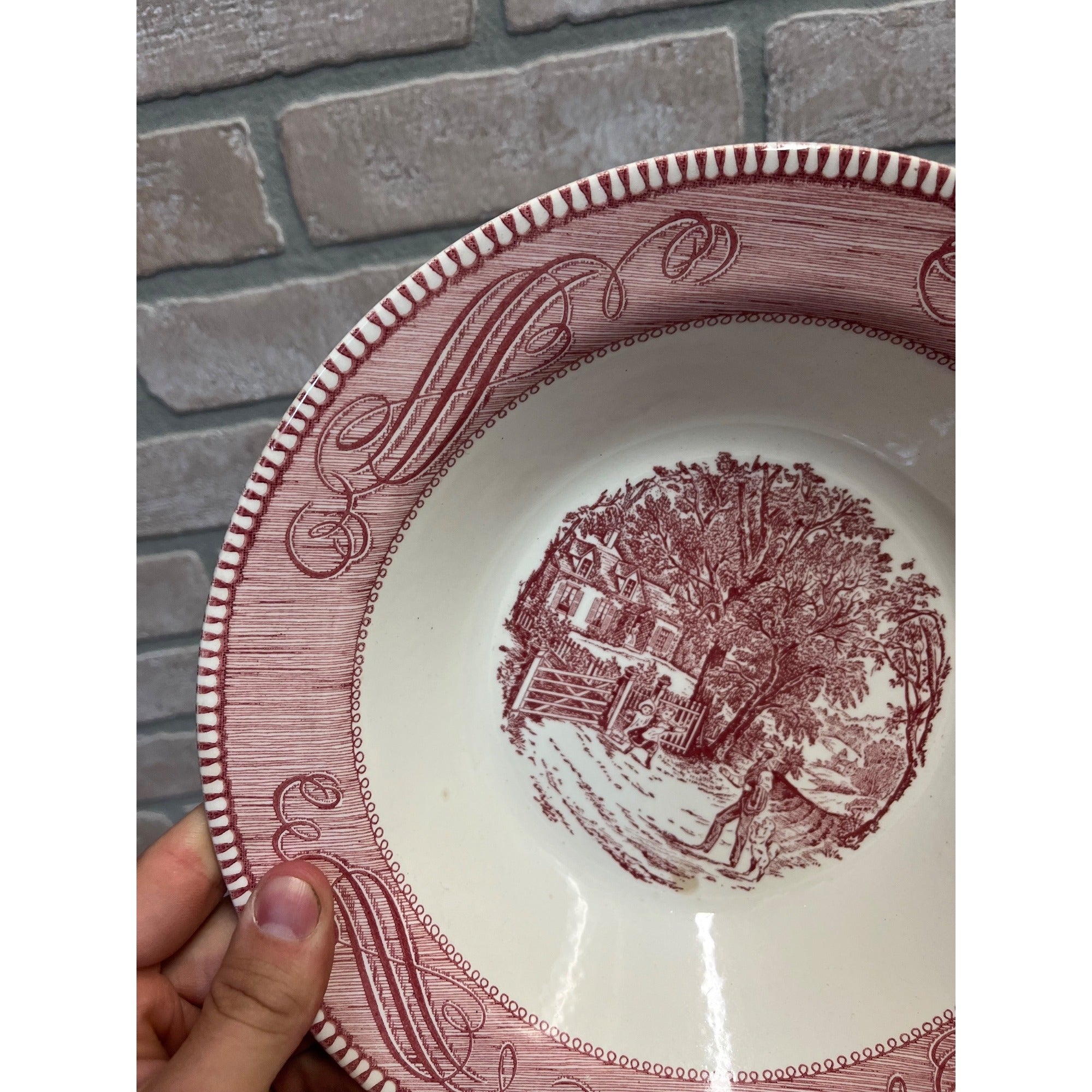 Currier & Ives Royal China Pink & White Vegetable Serving Bowl 10.25 Ironstone