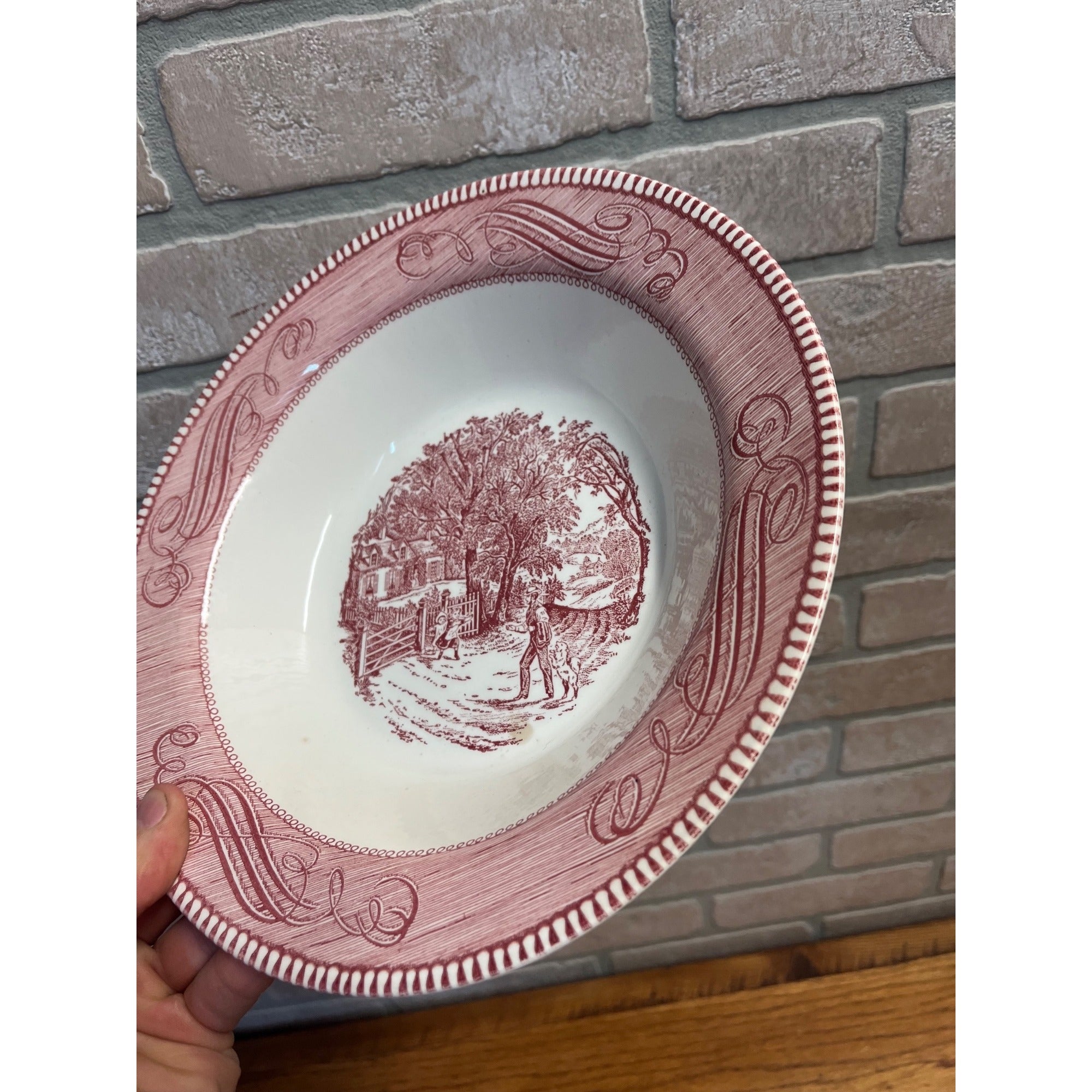Currier & Ives Royal China Pink & White Vegetable Serving Bowl 10.25 Ironstone