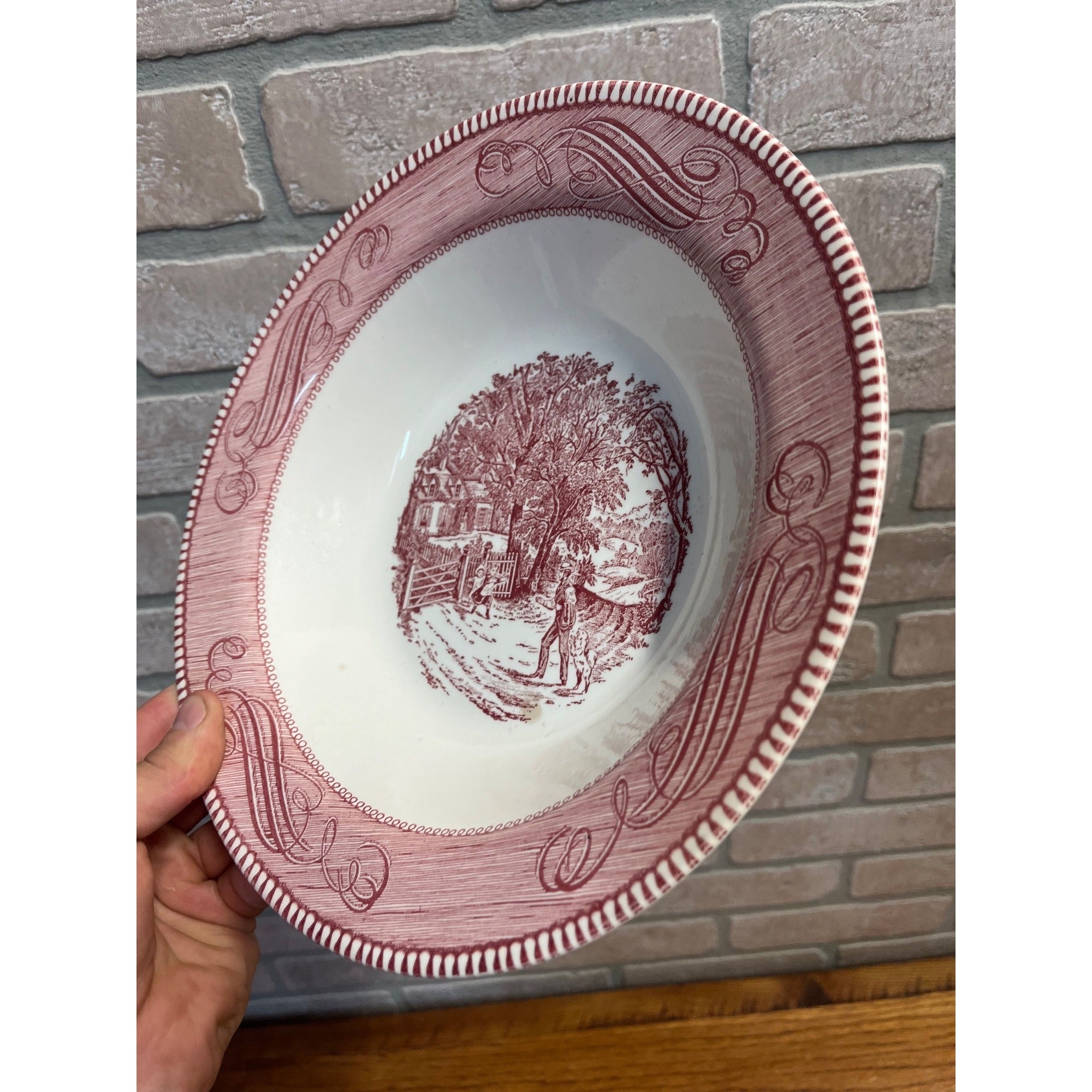 Currier & Ives Royal China Pink & White Vegetable Serving Bowl 10.25 Ironstone