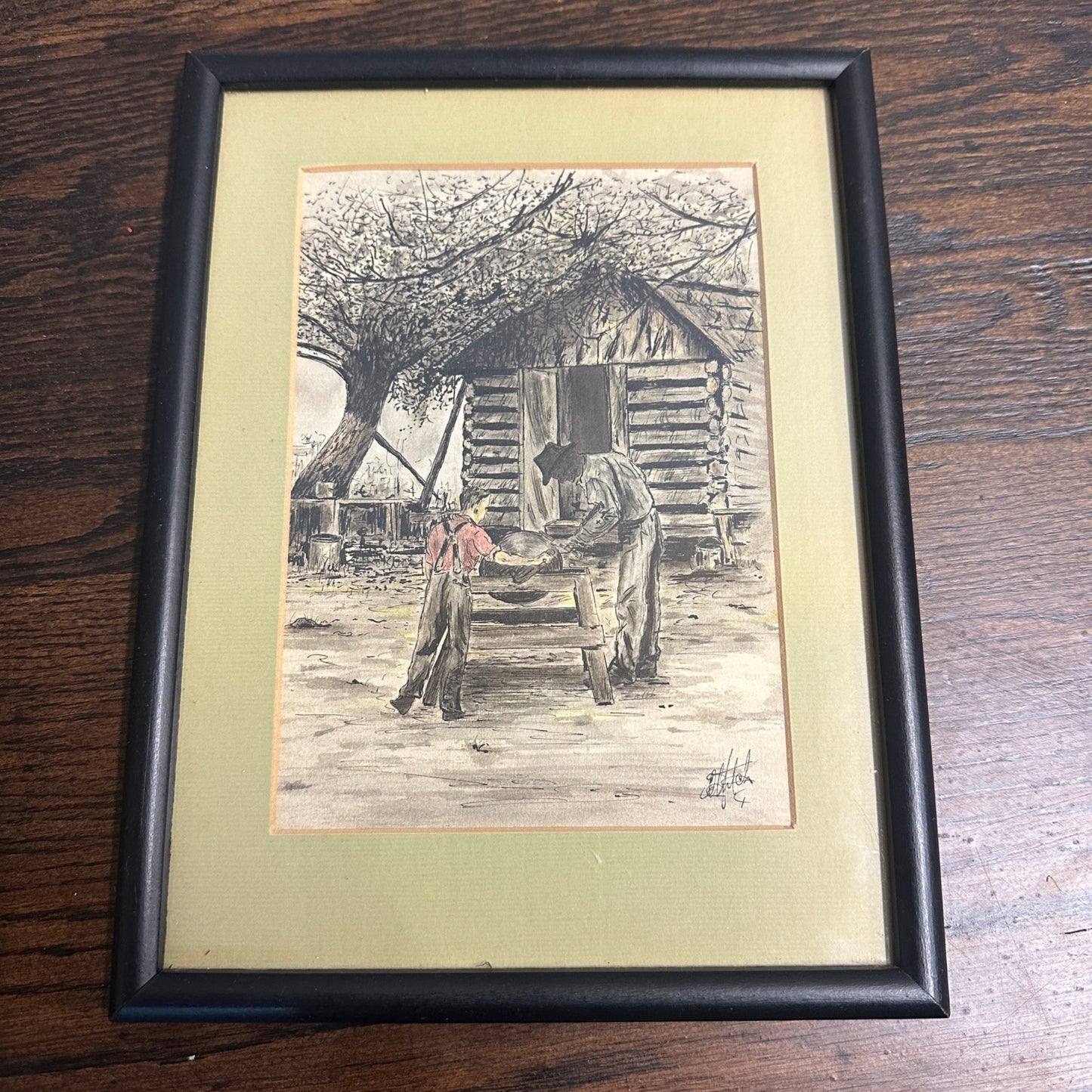 Ink Drawing Americana Knife Sharpening Southern American Art "Helping Granddad"