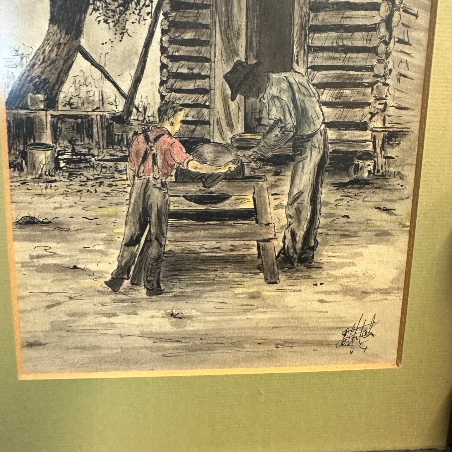 Ink Drawing Americana Knife Sharpening Southern American Art "Helping Granddad"