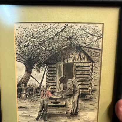 Ink Drawing Americana Knife Sharpening Southern American Art "Helping Granddad"