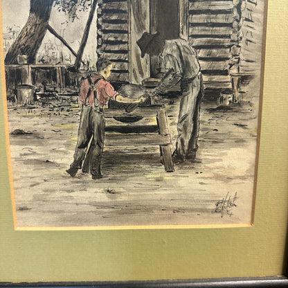 Ink Drawing Americana Knife Sharpening Southern American Art "Helping Granddad"