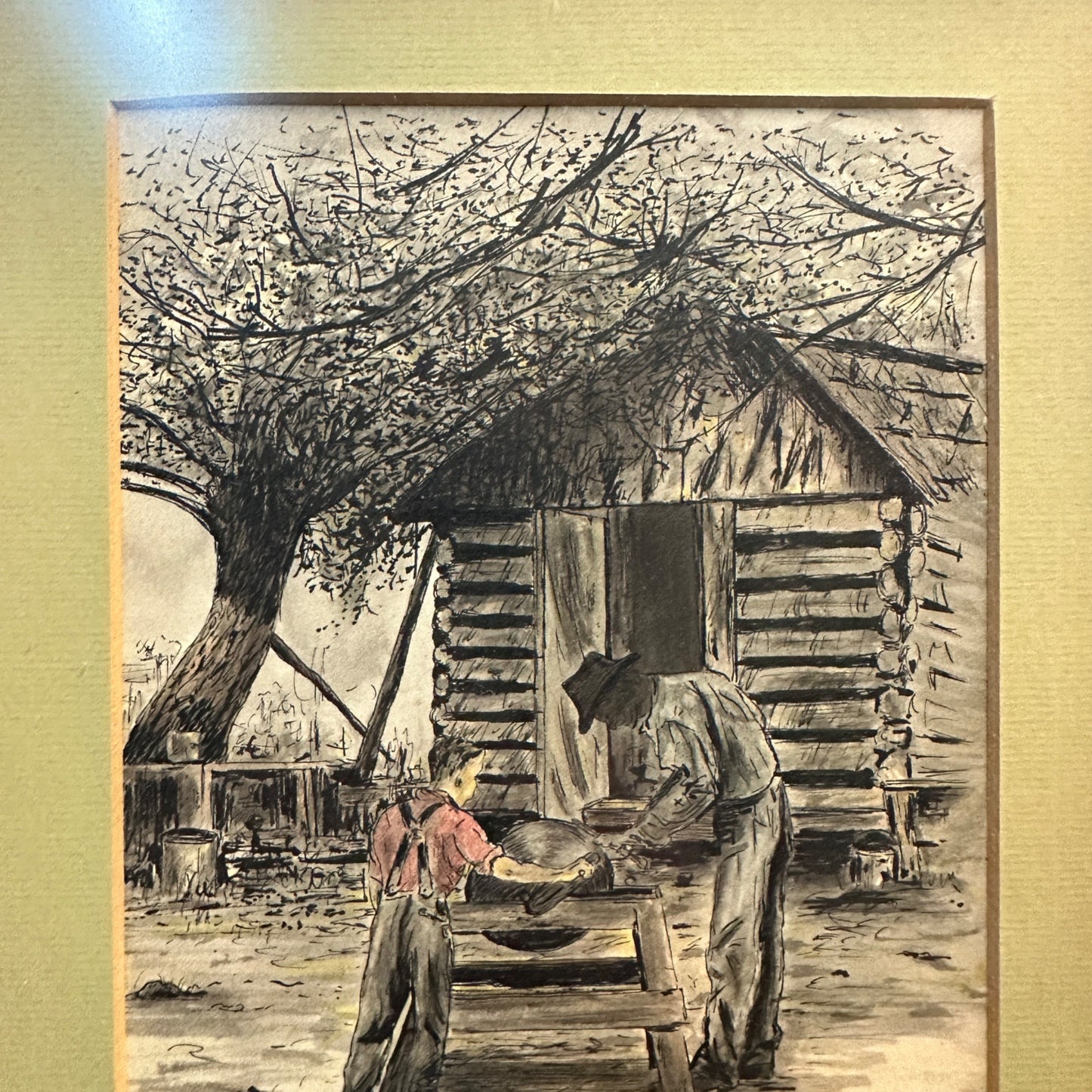 Ink Drawing Americana Knife Sharpening Southern American Art "Helping Granddad"