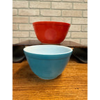 Vintage Set of Two Pyrex Ovenware Painted Milk Glass Bowls Red No. 402 and Blue No. 401 MCM Serveware USA