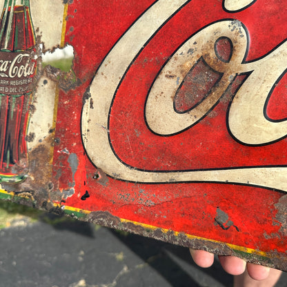 Original Vintage 1923 Coca Cola Soda Advertising Tin Sign 35" x 11" Embossed