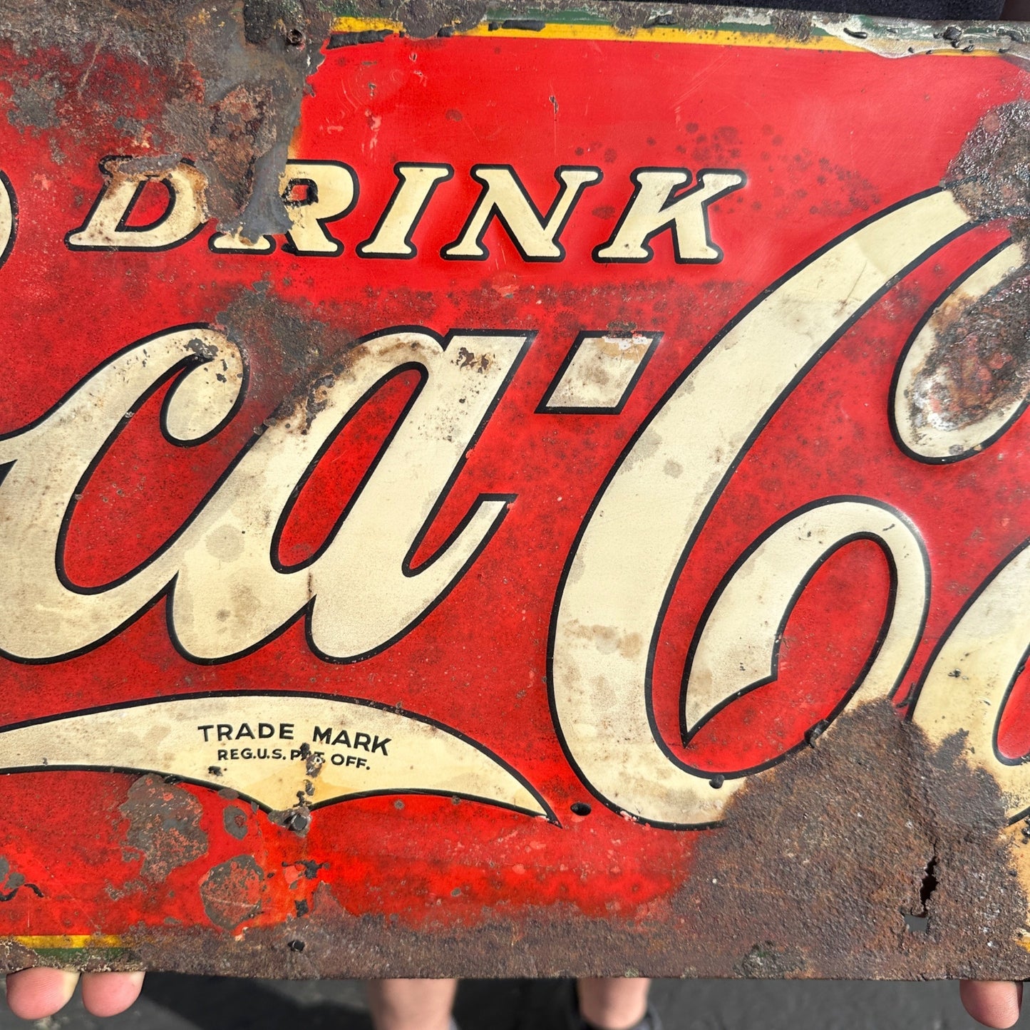 Original Vintage 1923 Coca Cola Soda Advertising Tin Sign 35" x 11" Embossed