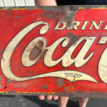 Original Vintage 1923 Coca Cola Soda Advertising Tin Sign 35" x 11" Embossed