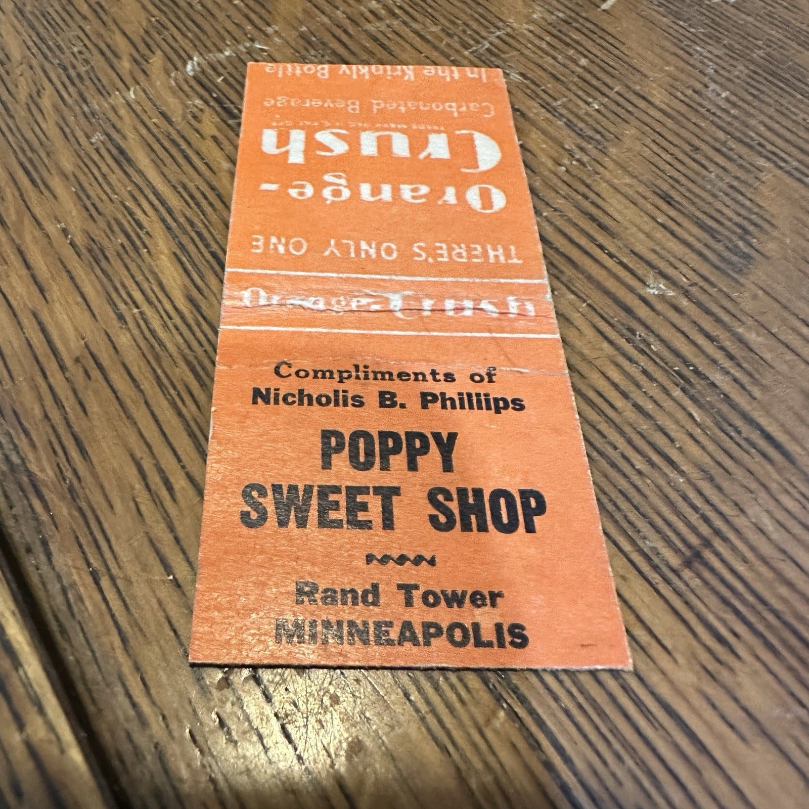 Orange Crush Poppy Sweet Shop Minneapolis Soda Advertising Matchbook 1940s