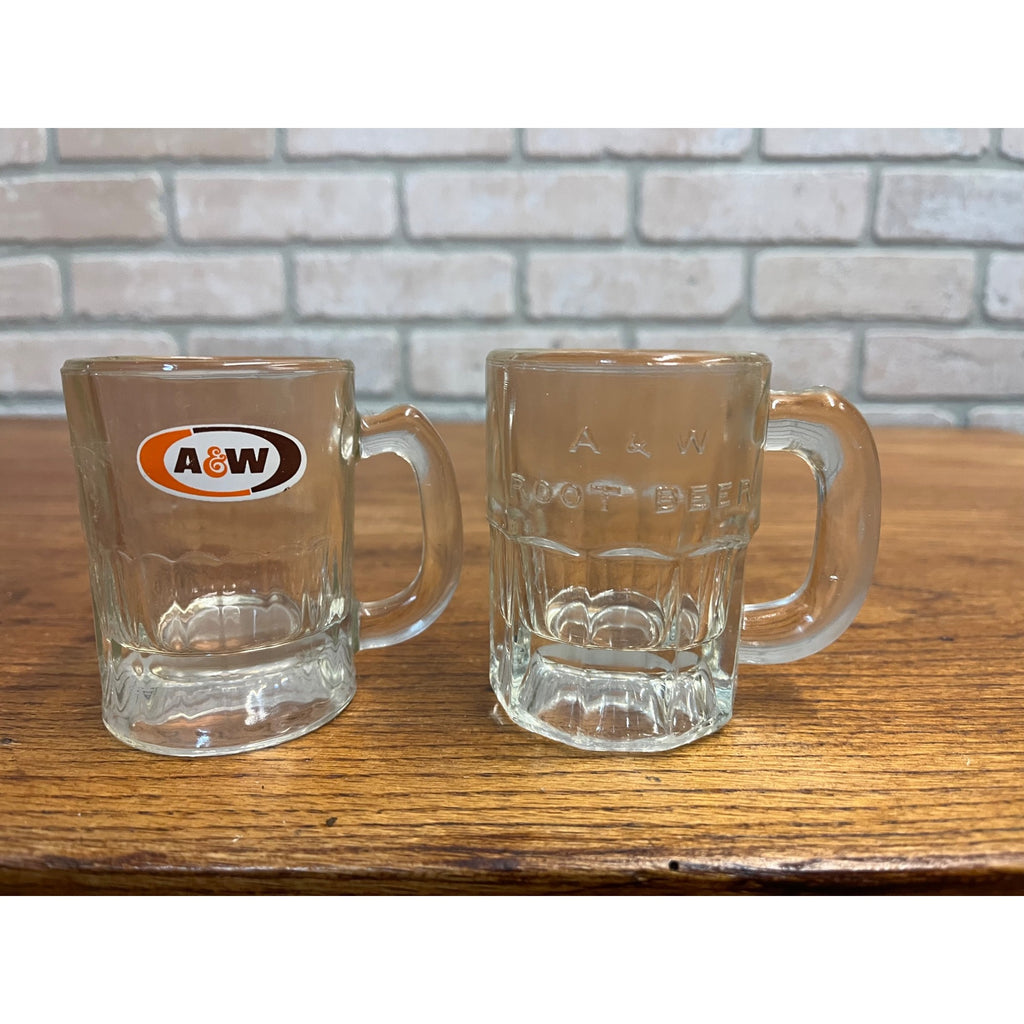 Vintage Lot (2)  A &W Baby Root Beer Mugs Raised Letters Style + ACL 3.25" Tall