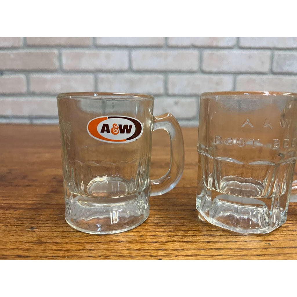 Vintage Lot (2)  A &W Baby Root Beer Mugs Raised Letters Style + ACL 3.25" Tall