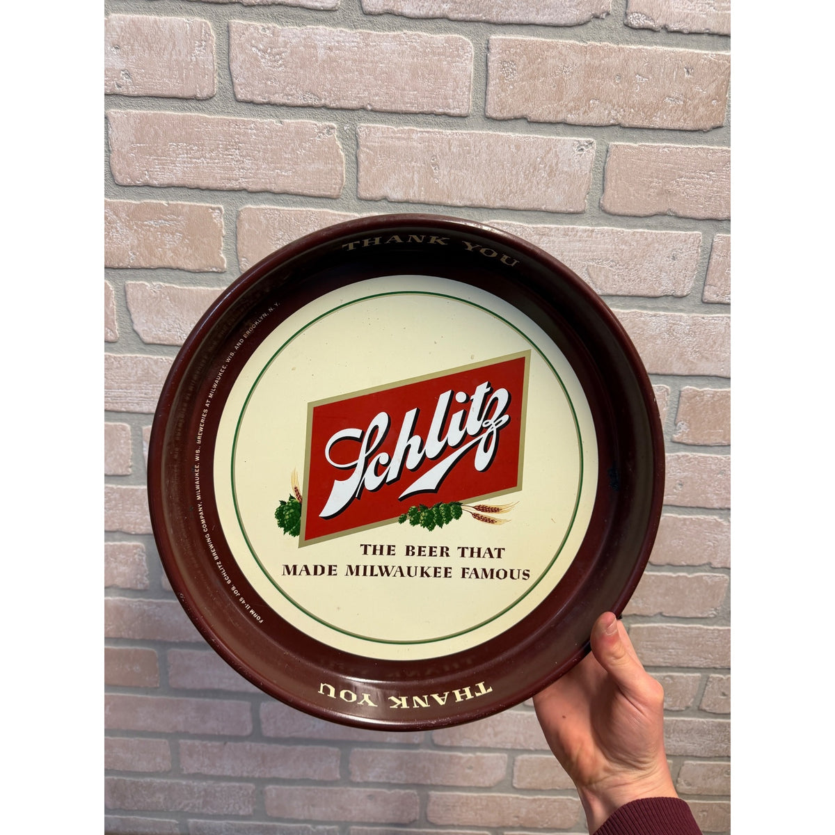 Vintage Schlitz Beer Round Serving Tray "Thank You" Milwaukee Metal 13"