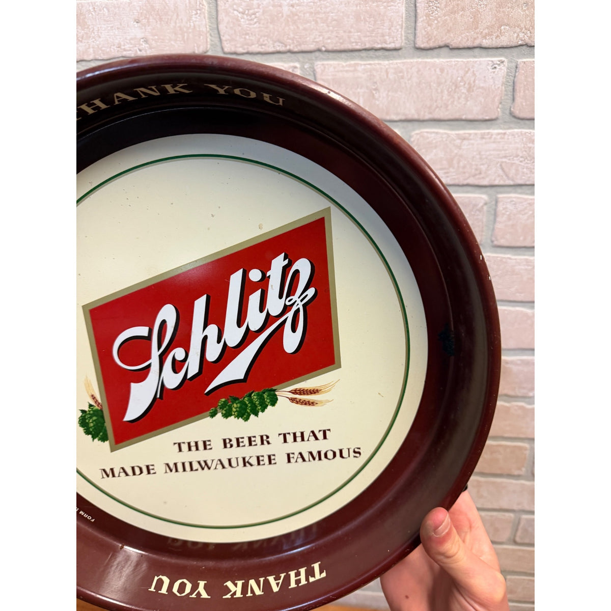 Vintage Schlitz Beer Round Serving Tray "Thank You" Milwaukee Metal 13"