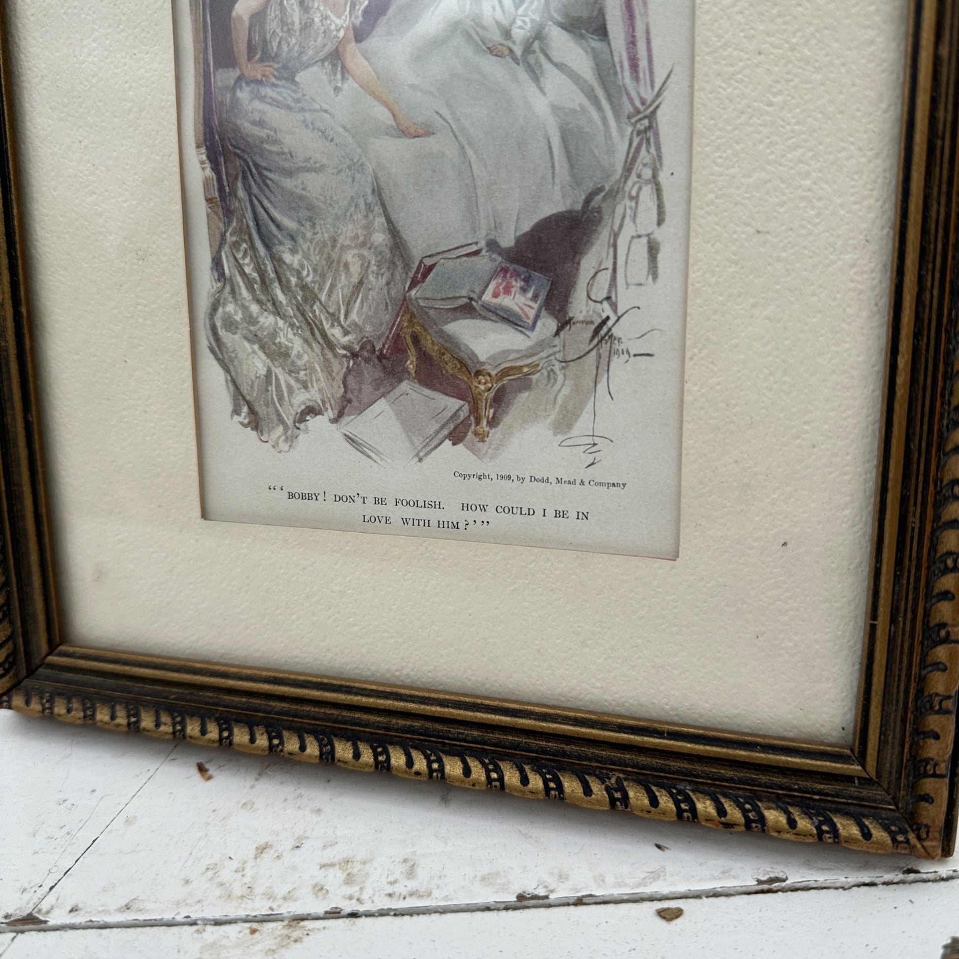 1909 Harrison Fisher Litho Framed Victorian Bedside Scene 9" x 11"