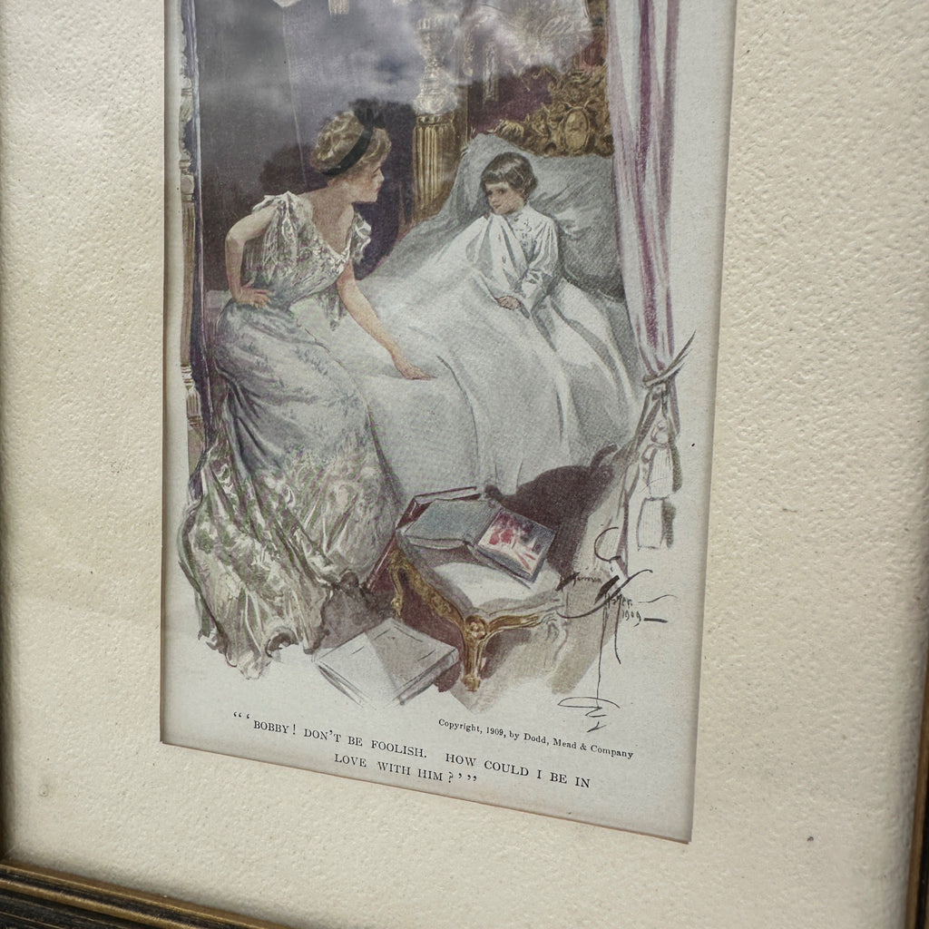 1909 Harrison Fisher Litho Framed Victorian Bedside Scene 9" x 11"