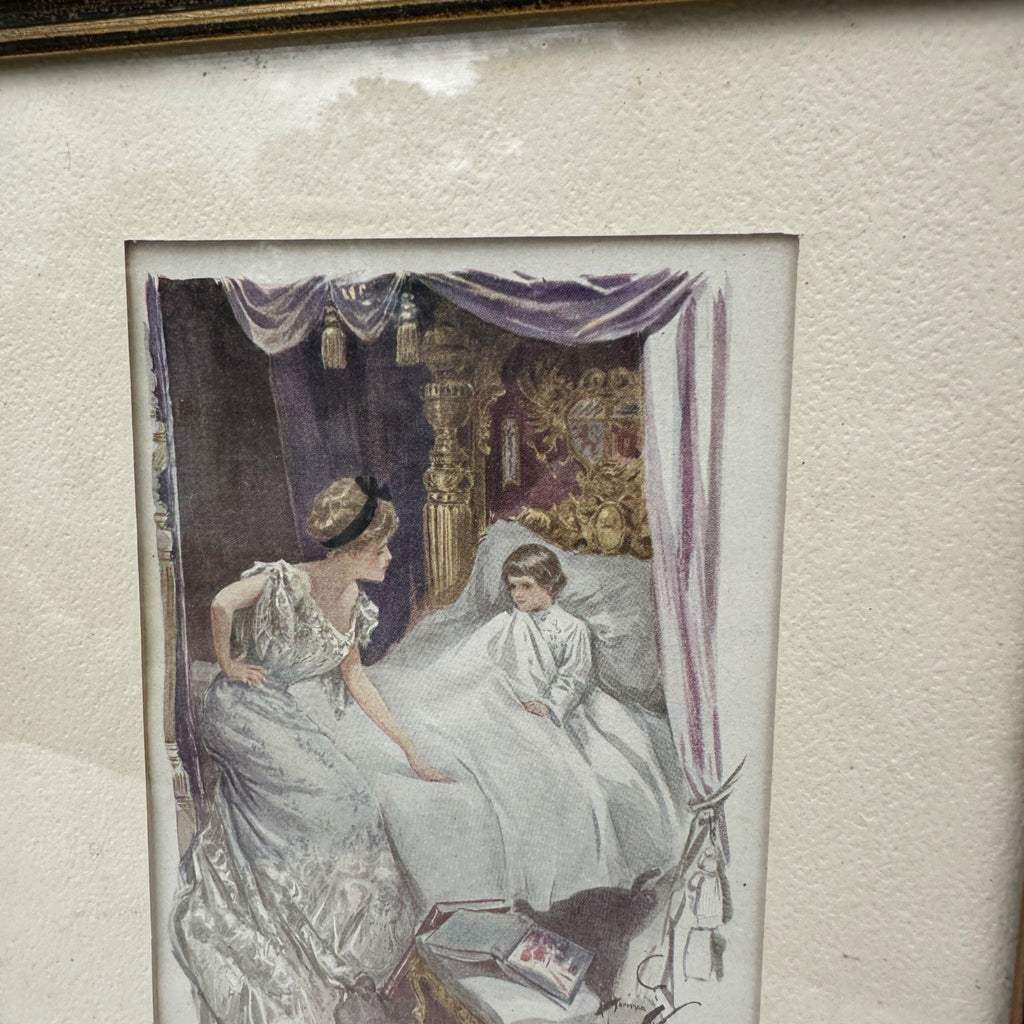 1909 Harrison Fisher Litho Framed Victorian Bedside Scene 9" x 11"