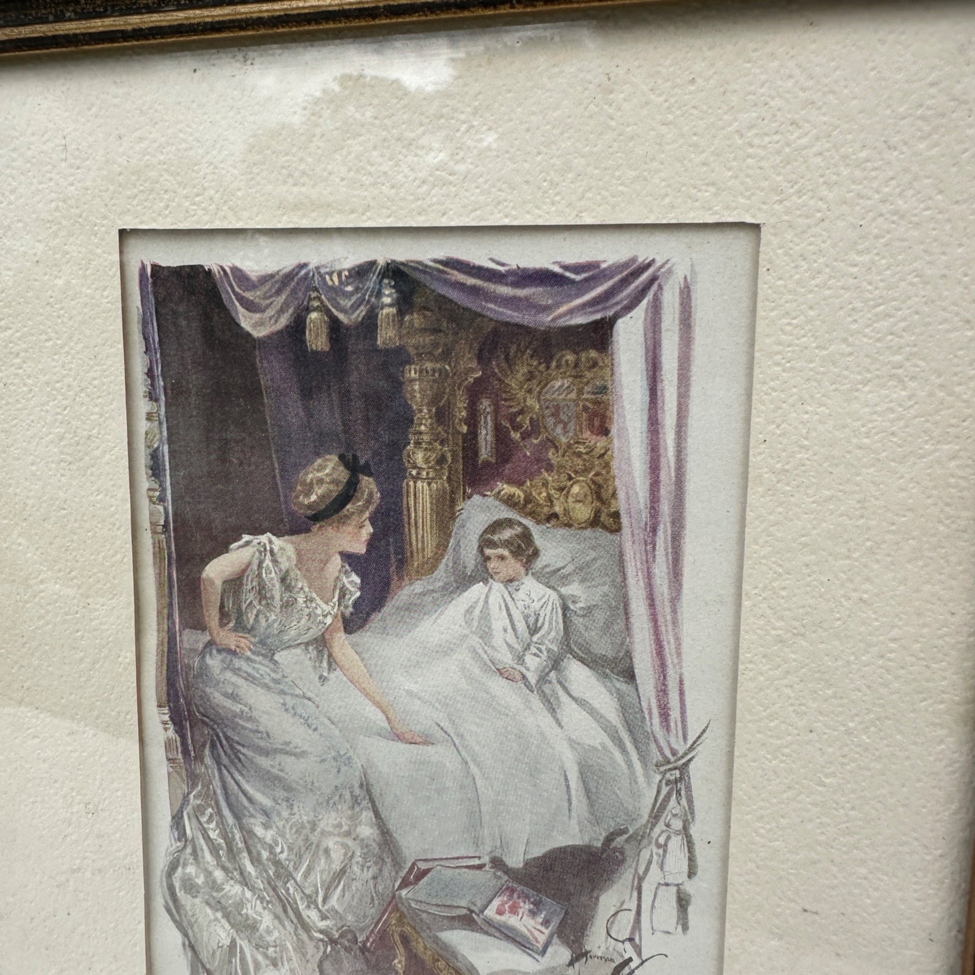 1909 Harrison Fisher Litho Framed Victorian Bedside Scene 9" x 11"