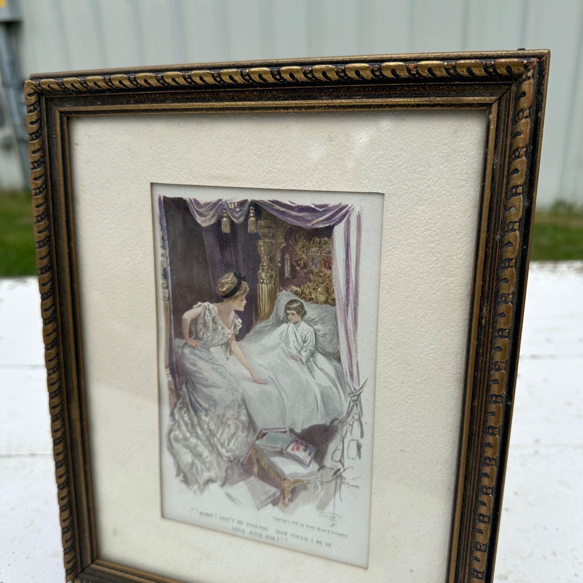 1909 Harrison Fisher Litho Framed Victorian Bedside Scene 9" x 11"