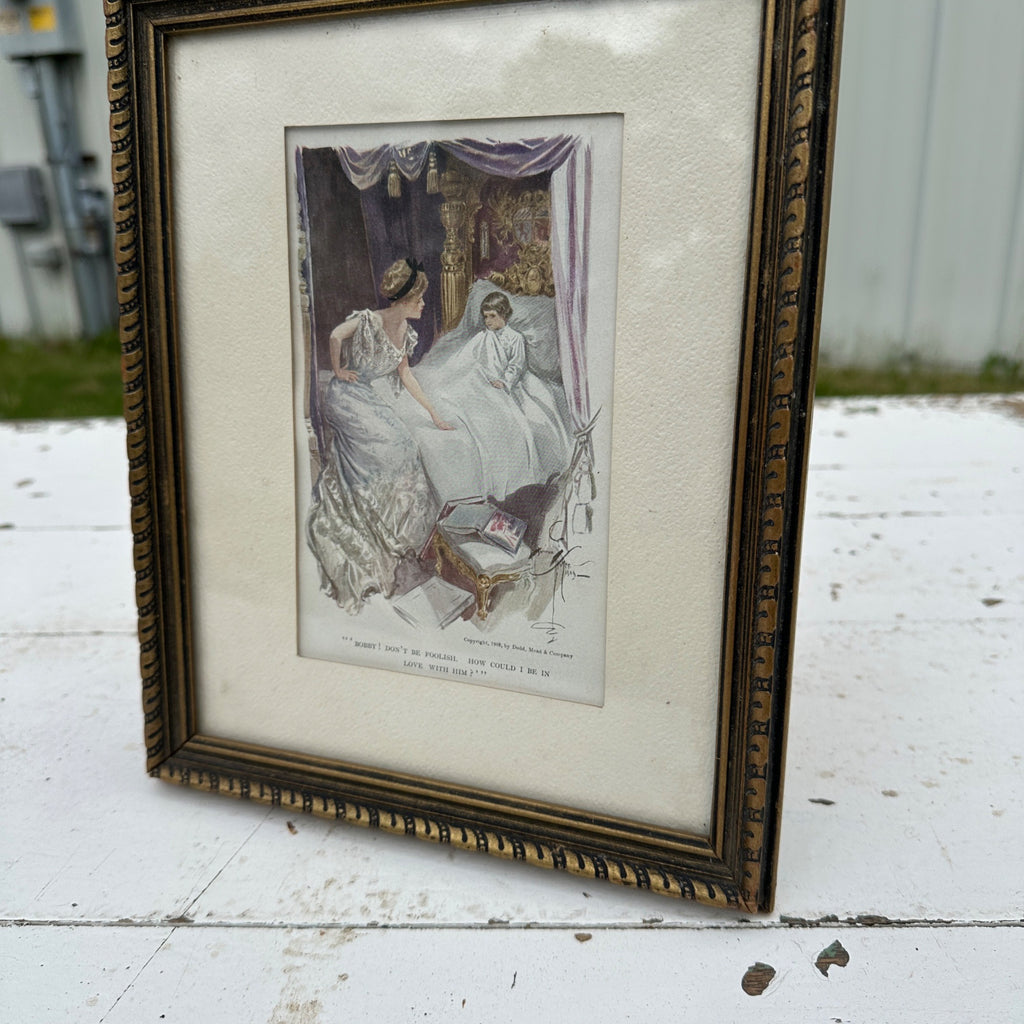 1909 Harrison Fisher Litho Framed Victorian Bedside Scene 9" x 11"