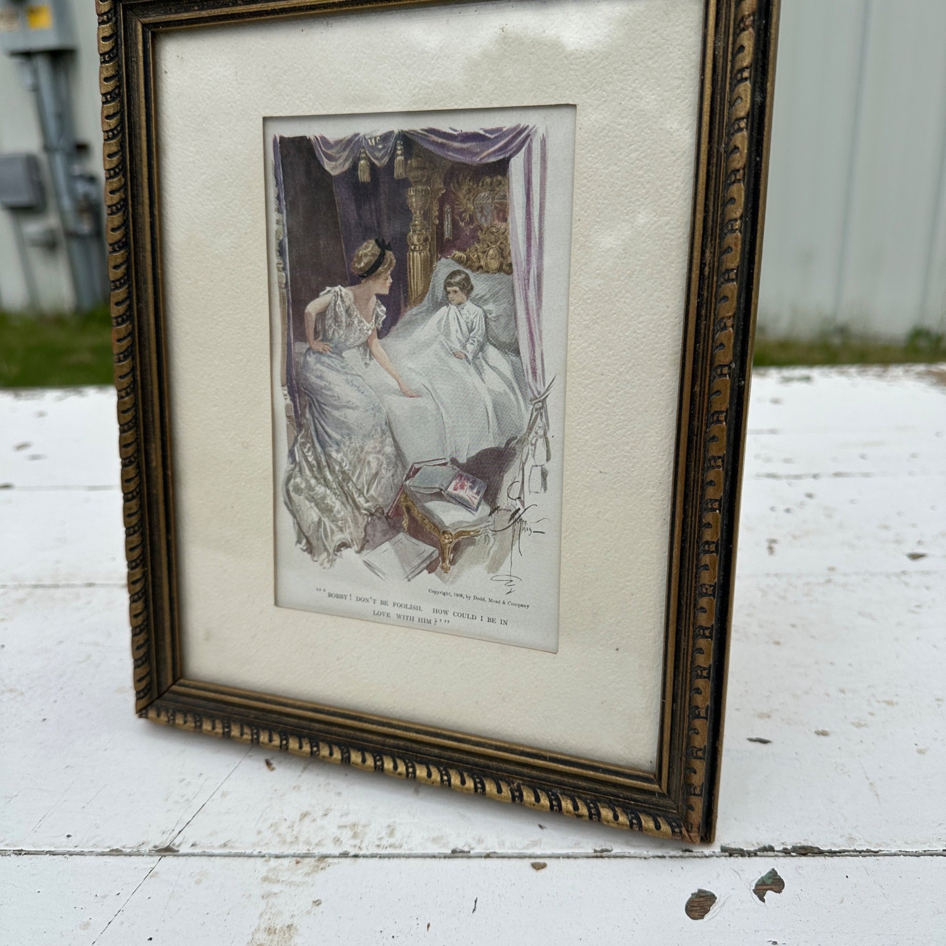 1909 Harrison Fisher Litho Framed Victorian Bedside Scene 9" x 11"