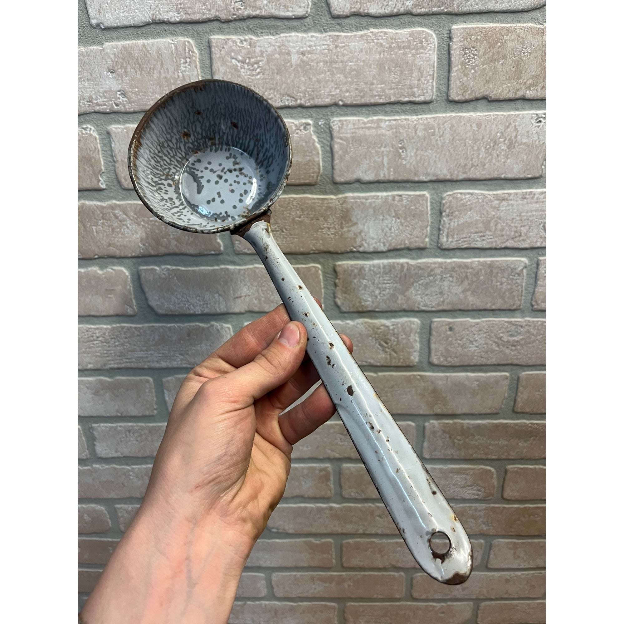 Antique Primitive Grey Spatter/Swirl Graniteware Ladle/ Farmhouse Decor, Gray