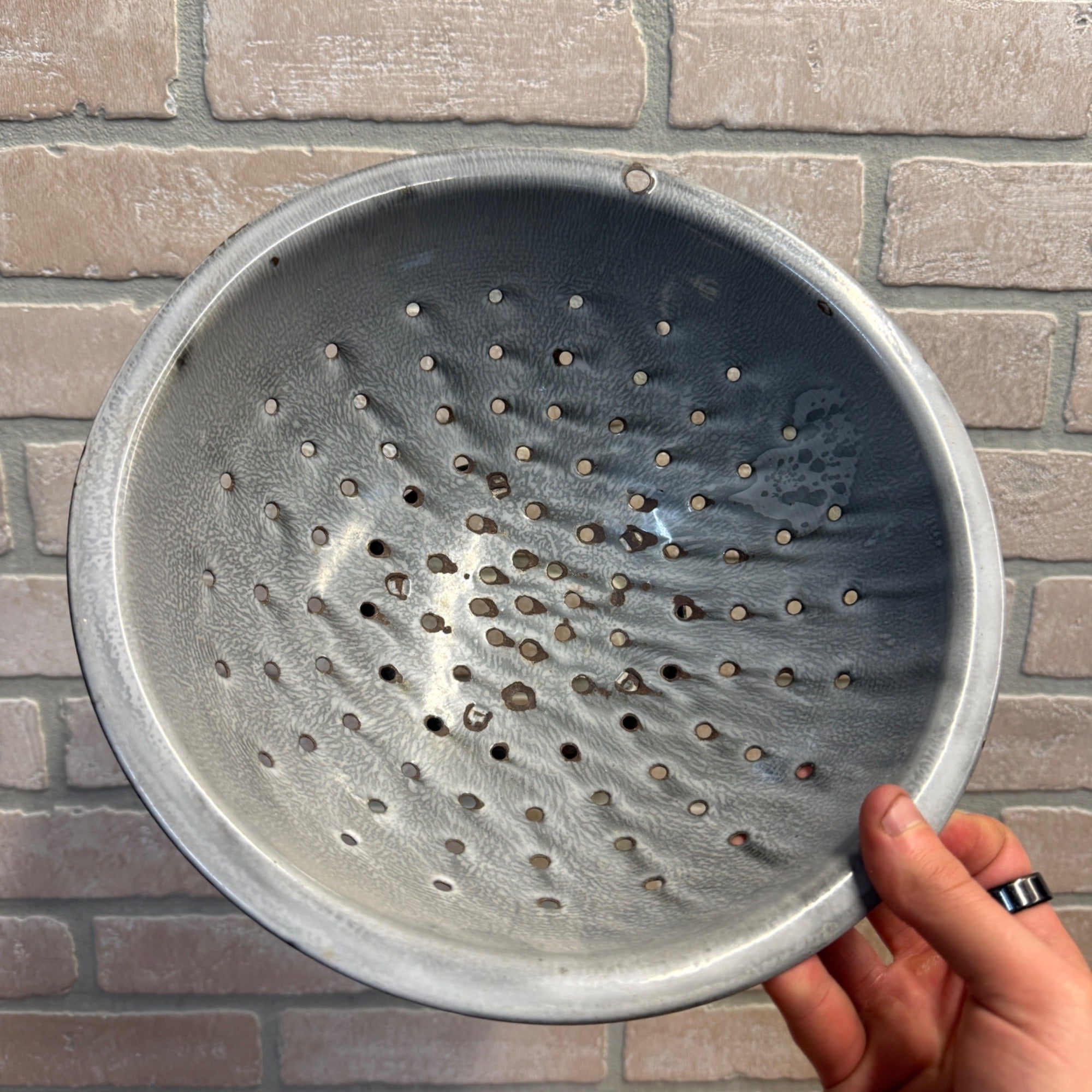 Vintage Light Grey and White Enamel/Graniteware Strainer or Colander / Primitive Kitchen Decor/ Farmhouse / Gray