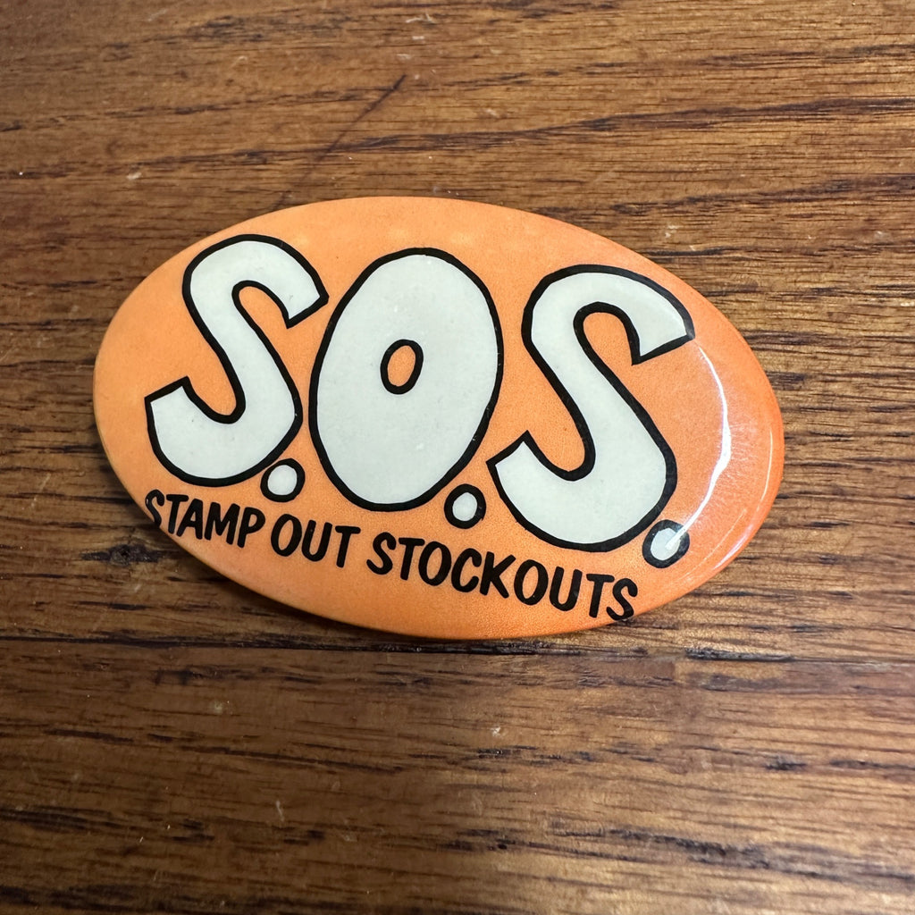 Vintage 1950s S.O.S. Stamp Out Stockouts Progressive Grocer Magazine Pin Button Pinback