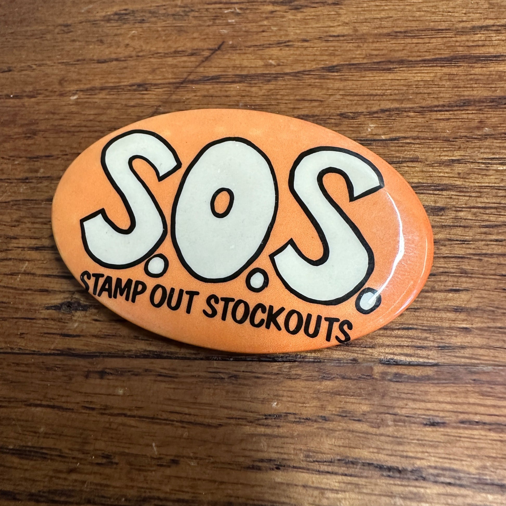Vintage 1950s S.O.S. Stamp Out Stockouts Progressive Grocer Magazine Pin Button Pinback