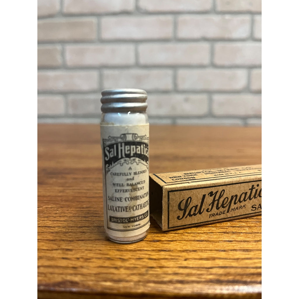 Vintage NOS 1930s Sal Hepatica Sample Glass Medicine Bottle & Box Laxative
