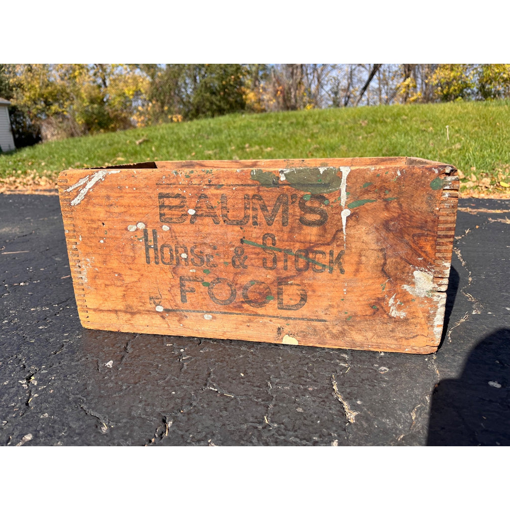 Antique Primitive Baum's Horse & Stock Food Wooden Shipping Crate Wood Box
