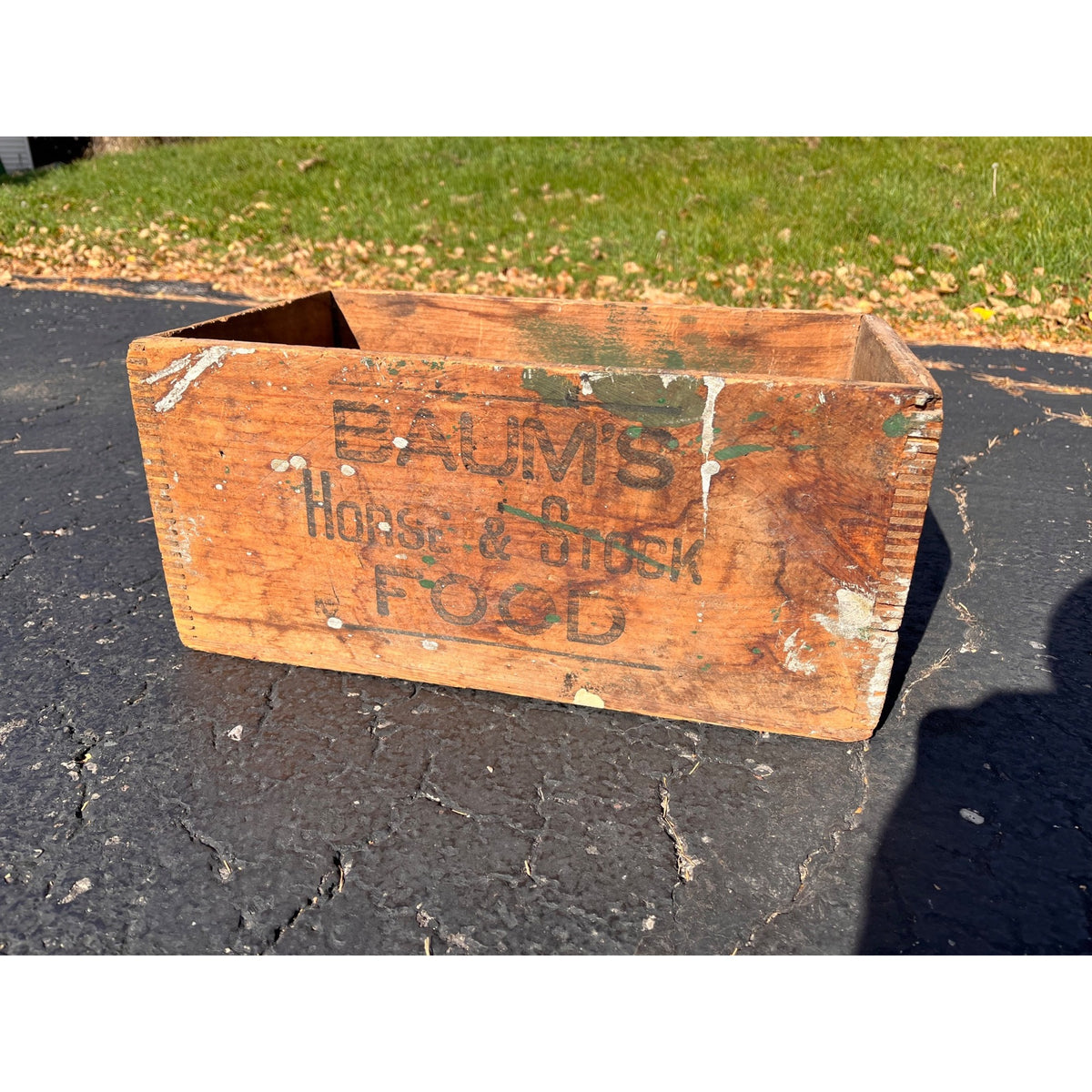 Antique Primitive Baum's Horse & Stock Food Wooden Shipping Crate Wood Box