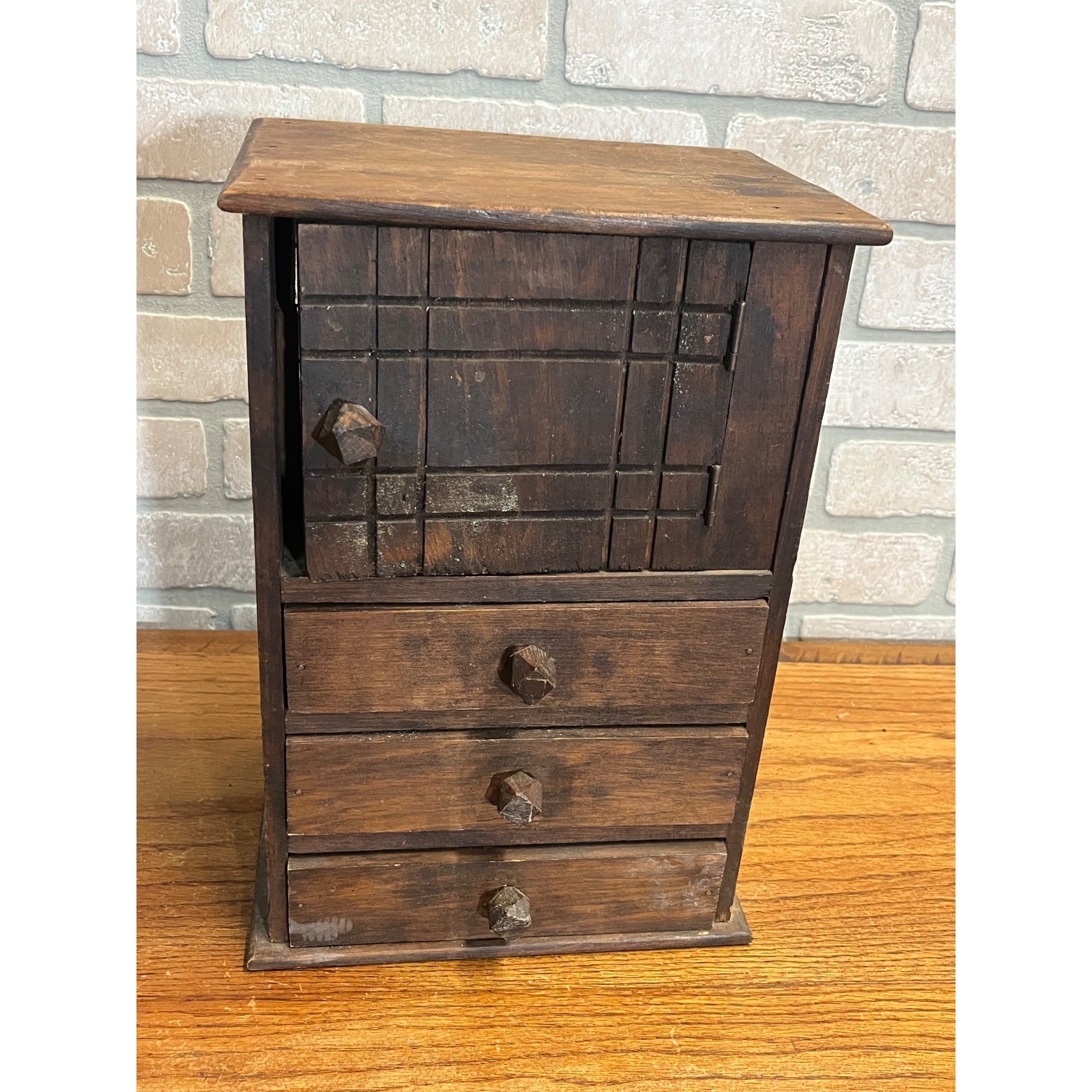 Antique 19th c. Tramp Art Carved Wooden Dresser Chest Cabinet Americana Folk Art