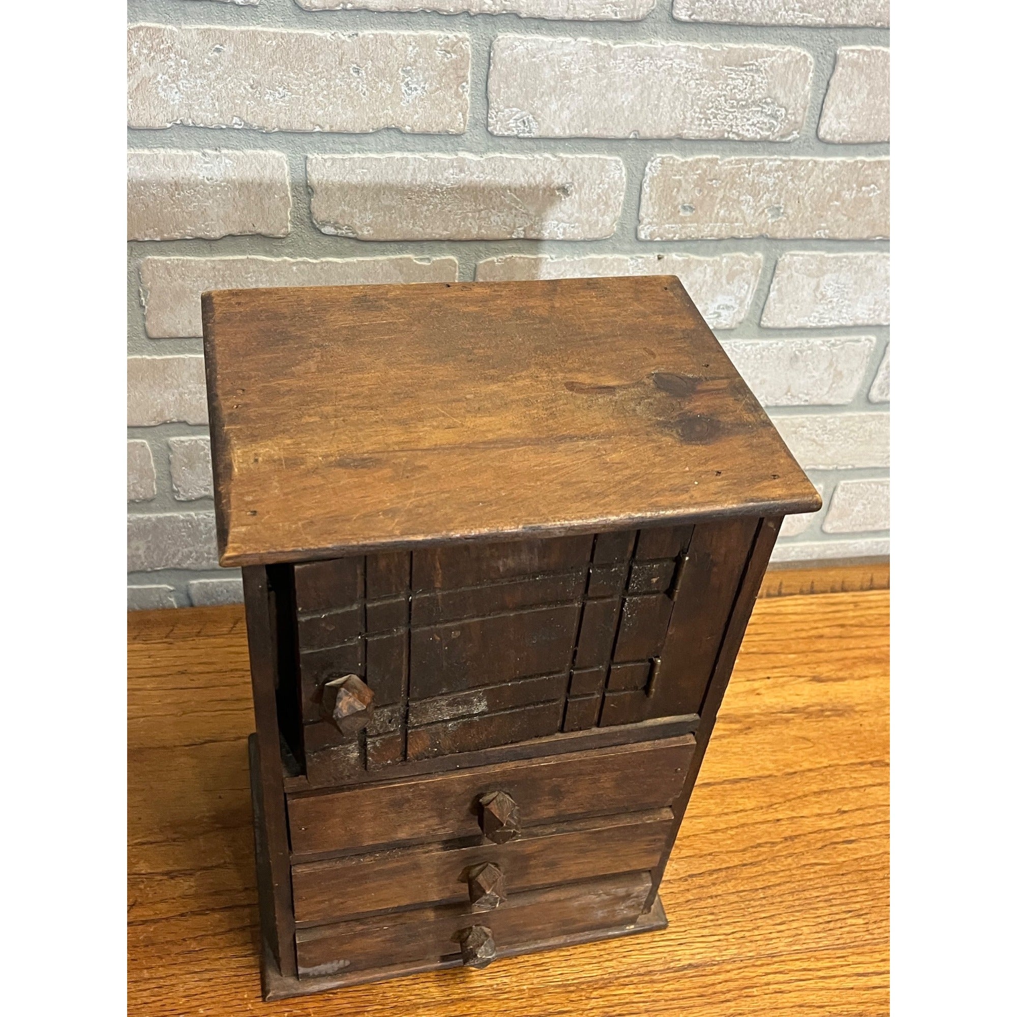 Antique 19th c. Tramp Art Carved Wooden Dresser Chest Cabinet Americana Folk Art