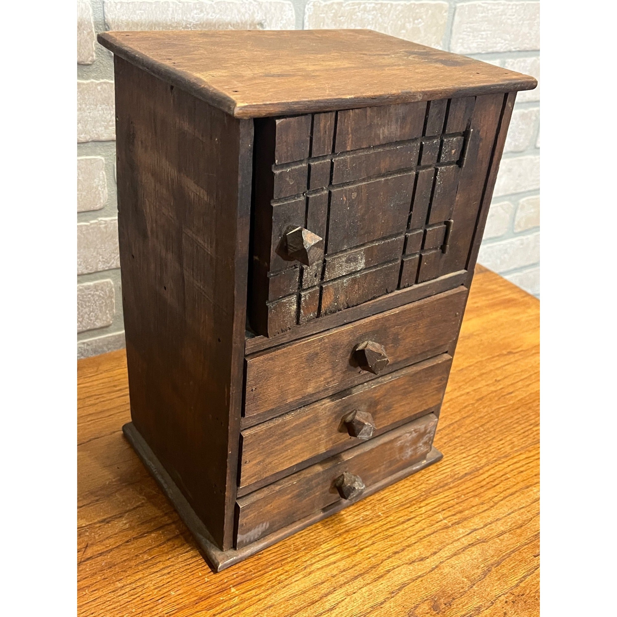 Antique 19th c. Tramp Art Carved Wooden Dresser Chest Cabinet Americana Folk Art