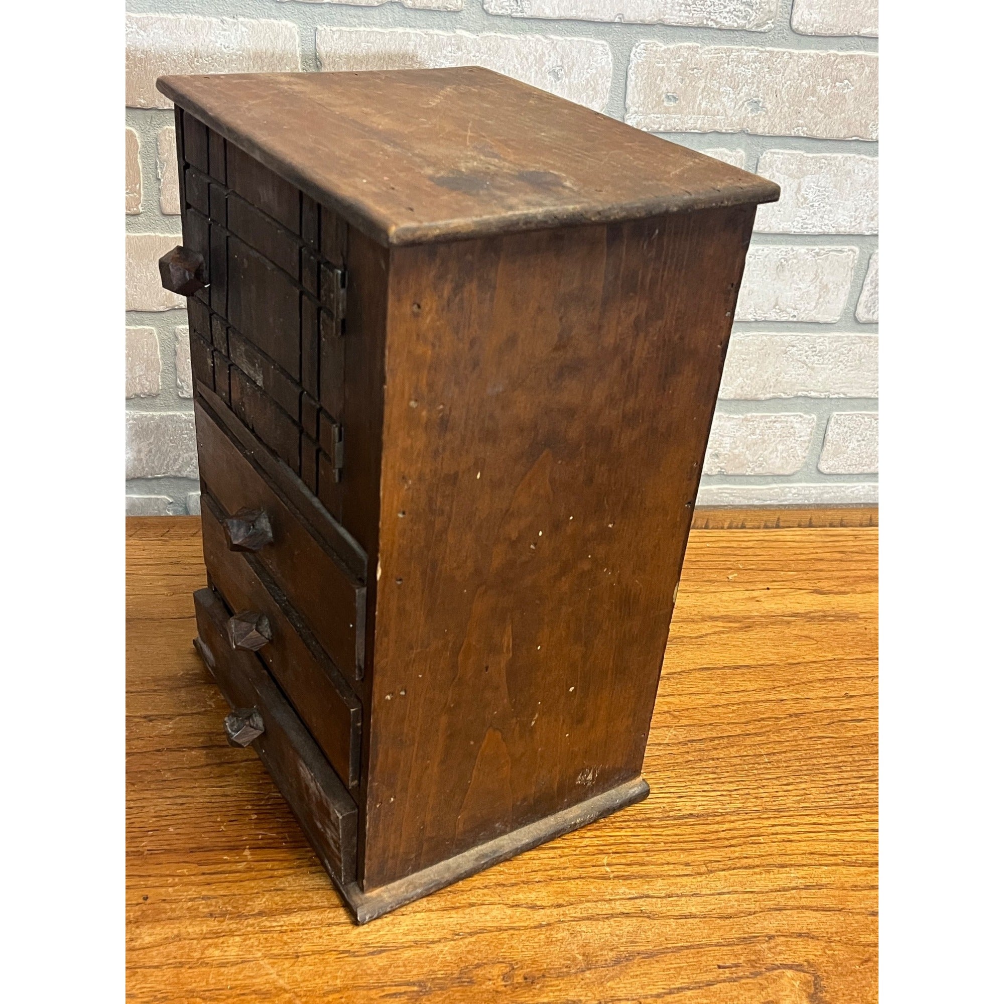 Antique 19th c. Tramp Art Carved Wooden Dresser Chest Cabinet Americana Folk Art